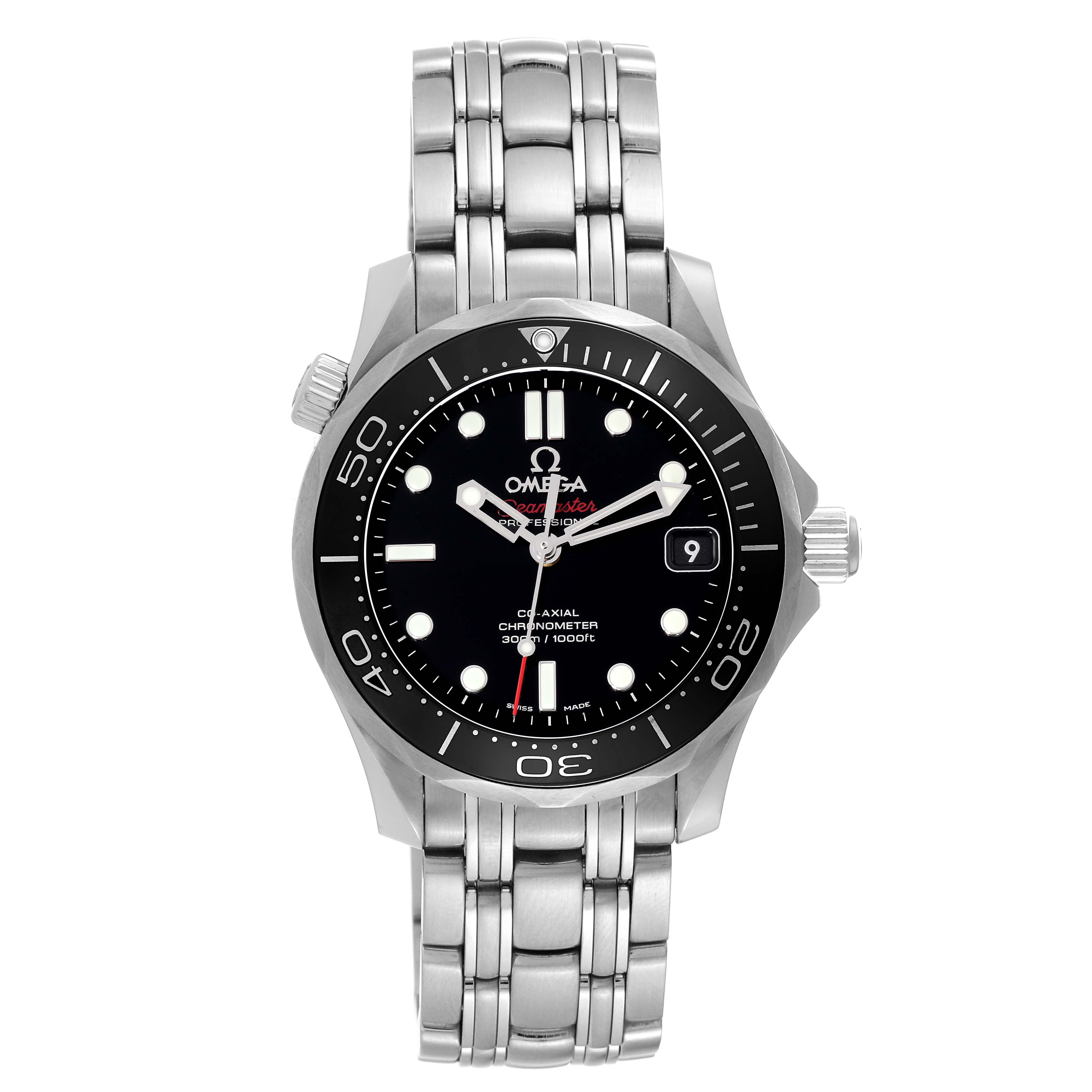 The image shows a front view of an Omega Seamaster 212.30.36.20.01.002 Men
s Stainless Steel Black Dial 212.30.36.20.01.002 Men
s Stainless Steel Black Dial watch, displaying its face, bezel, crown, and bracelet.