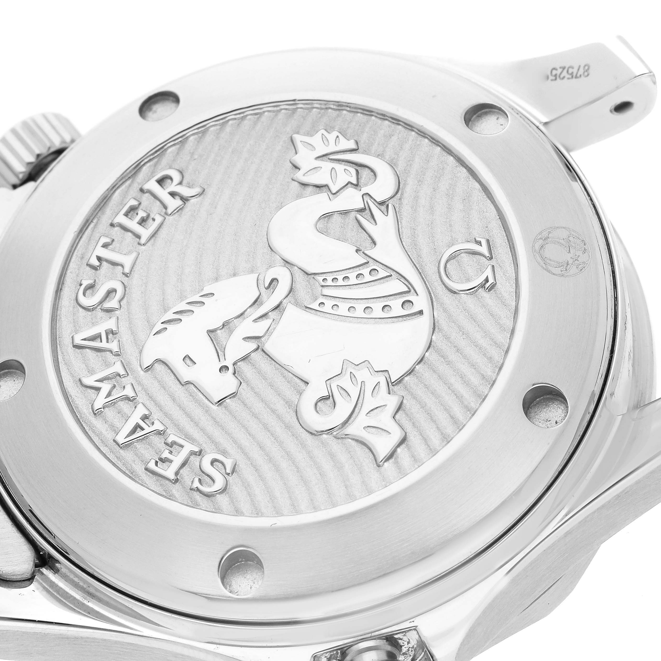 The image shows the case back of the Omega Seamaster 212.30.36.20.01.002 Men
s Stainless Steel Black Dial 212.30.36.20.01.002 Men
s Stainless Steel Black Dial watch, highlighting the engraved emblem and text "Seamaster."