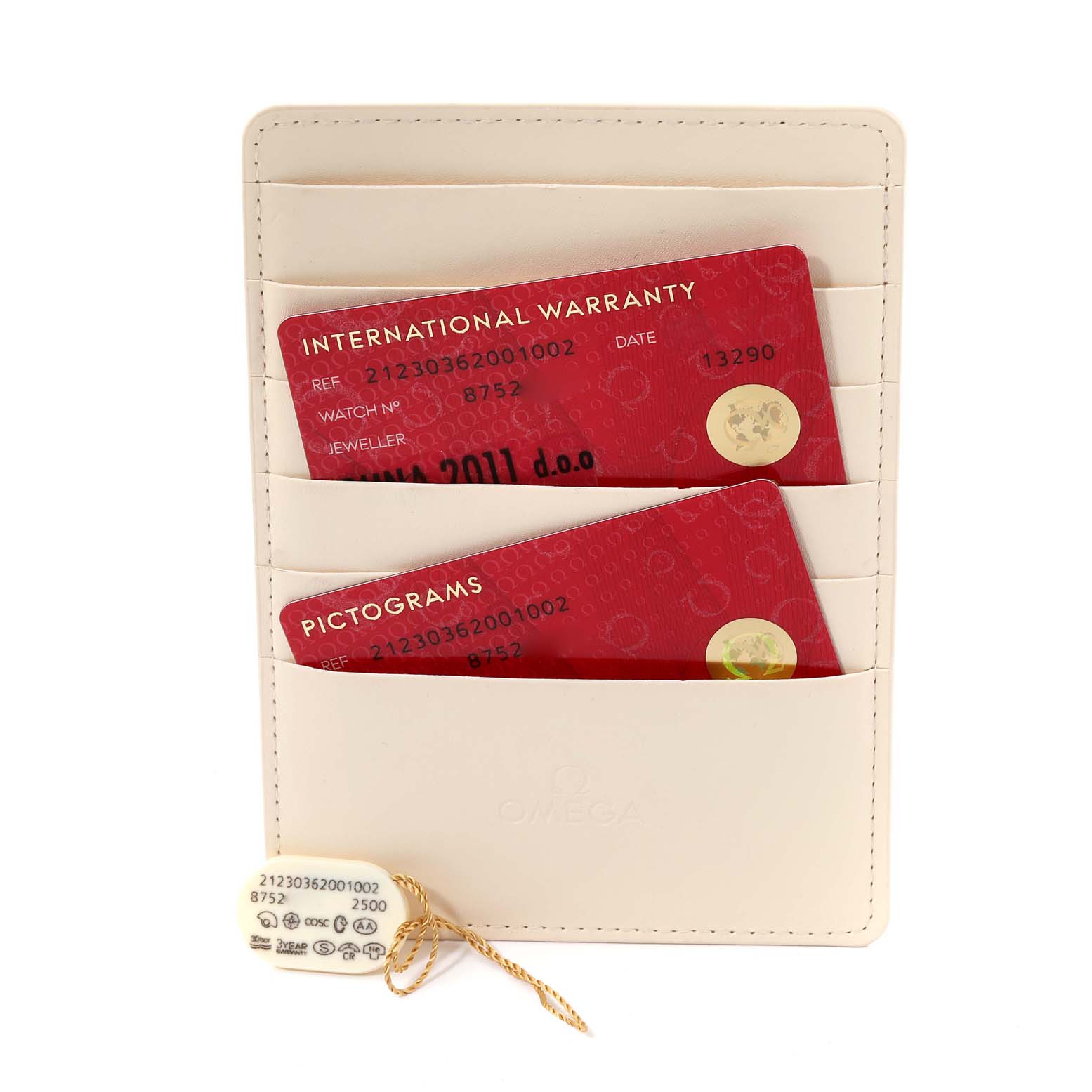 The image shows the warranty cards and a tag for the Omega Seamaster 212.30.36.20.01.002 Men
s Stainless Steel Black Dial 212.30.36.20.01.002 Men
s Stainless Steel Black Dial model in a beige cardholder.