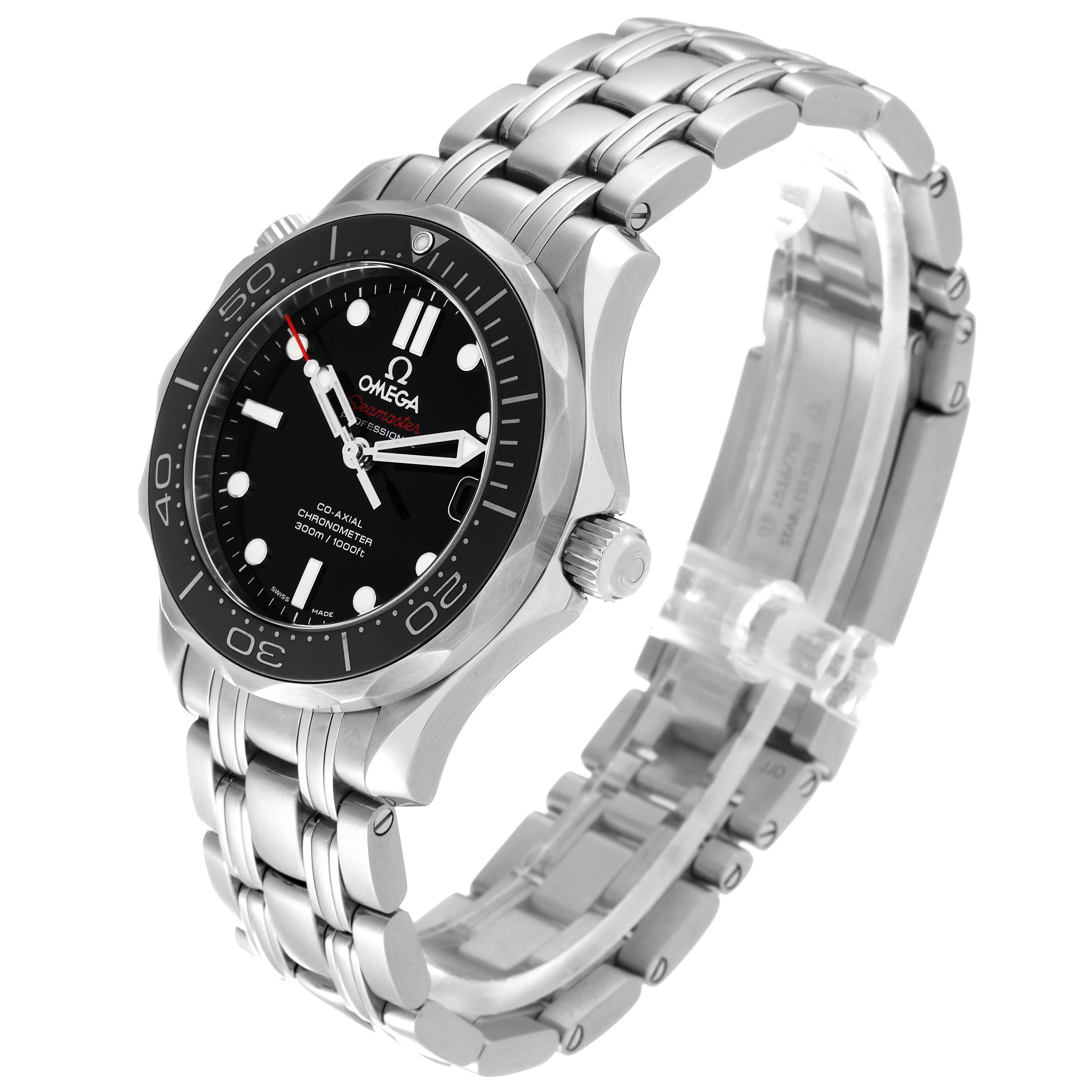This image shows a side and front angle of the Omega Seamaster 212.30.36.20.01.002 Men
s Stainless Steel Black Dial 212.30.36.20.01.002 Men
s Stainless Steel Black Dial watch, highlighting its face, bezel, crown, and metal bracelet.