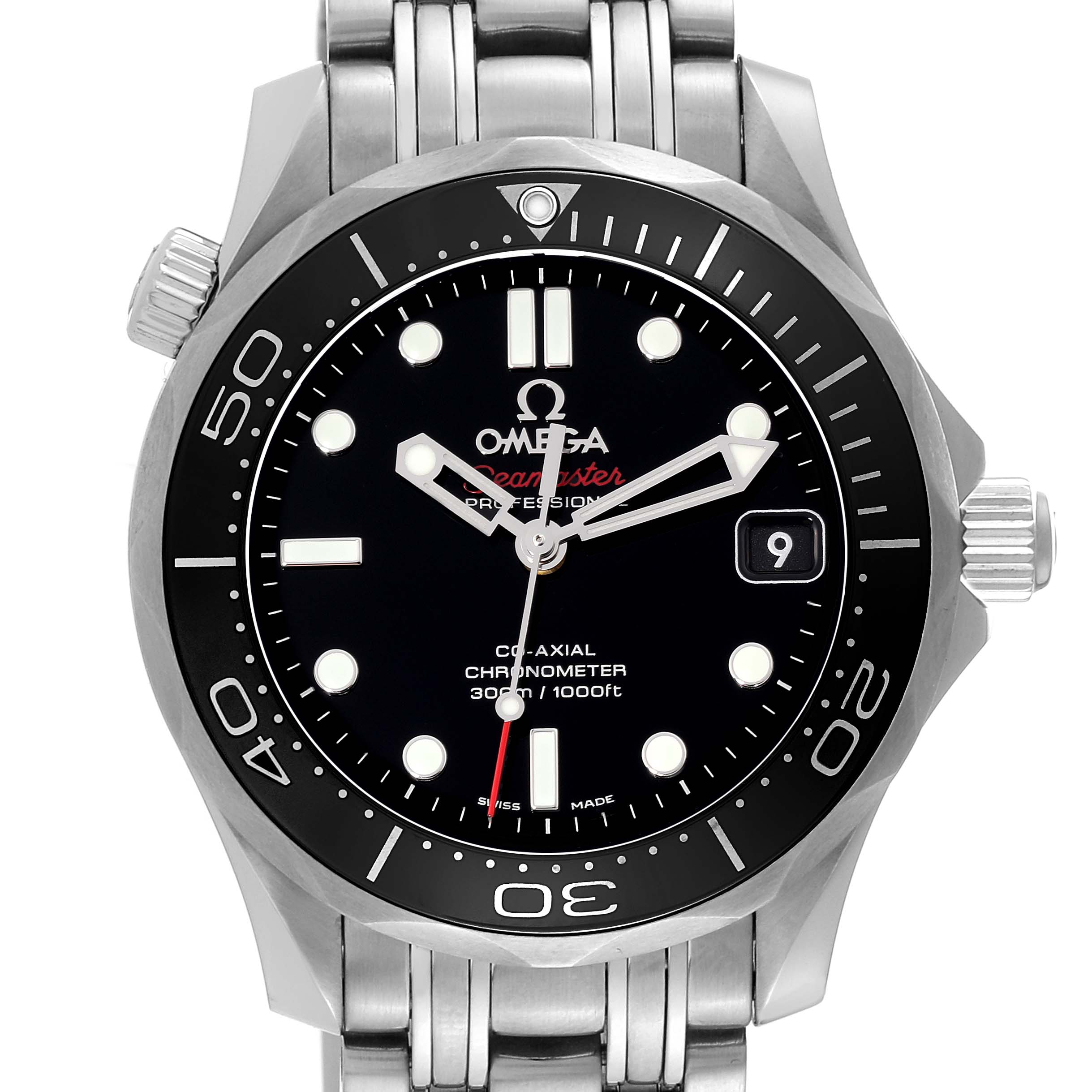 The Omega Seamaster 212.30.36.20.01.002 Men
s Stainless Steel Black Dial 212.30.36.20.01.002 Men
s Stainless Steel Black Dial watch is shown from the front, highlighting its dial, bezel, and bracelet.