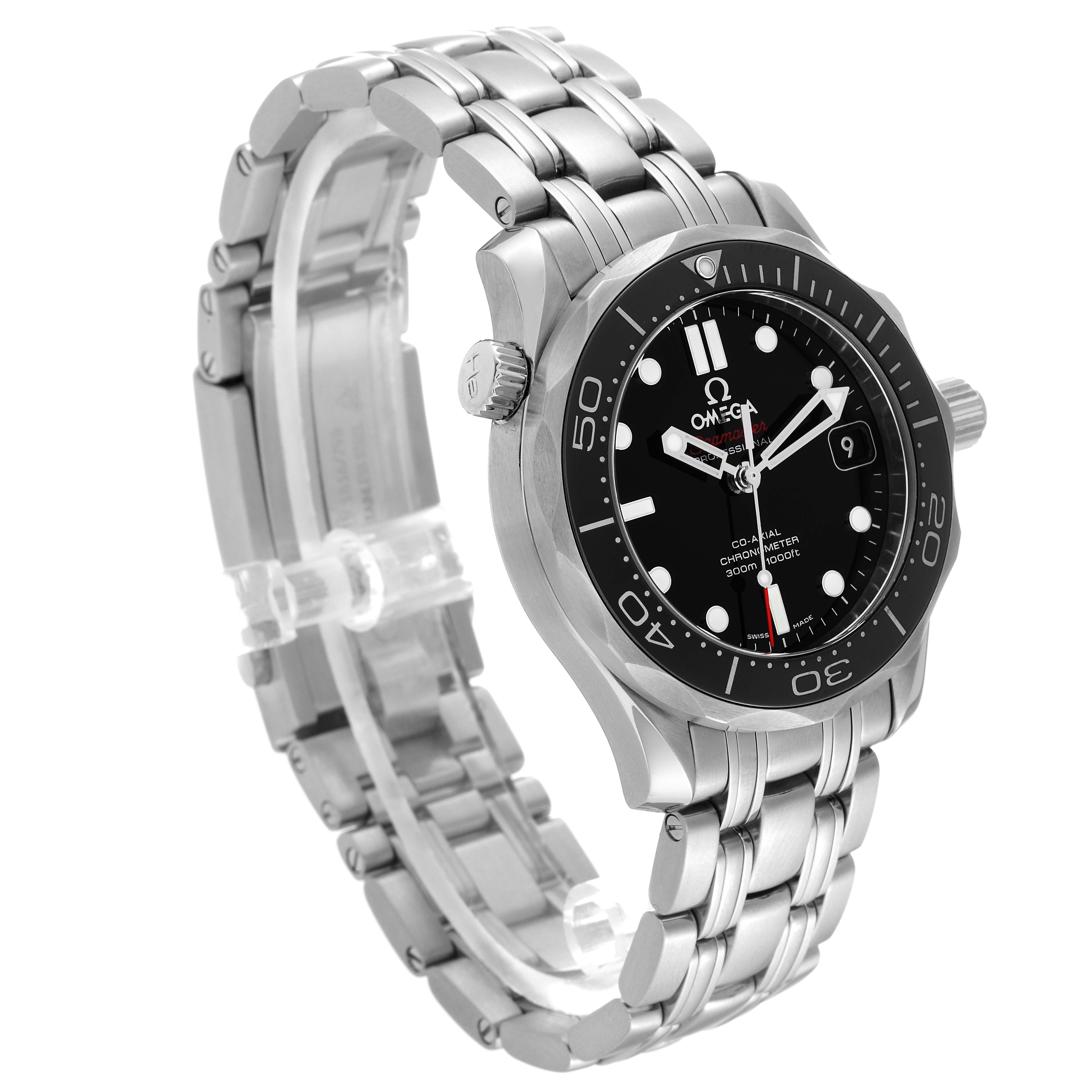 The watch is an Omega Seamaster 212.30.36.20.01.002 Men
s Stainless Steel Black Dial 212.30.36.20.01.002 Men
s Stainless Steel Black Dial model, shown at a slight angle displaying the face, bezel, case, and metal bracelet.