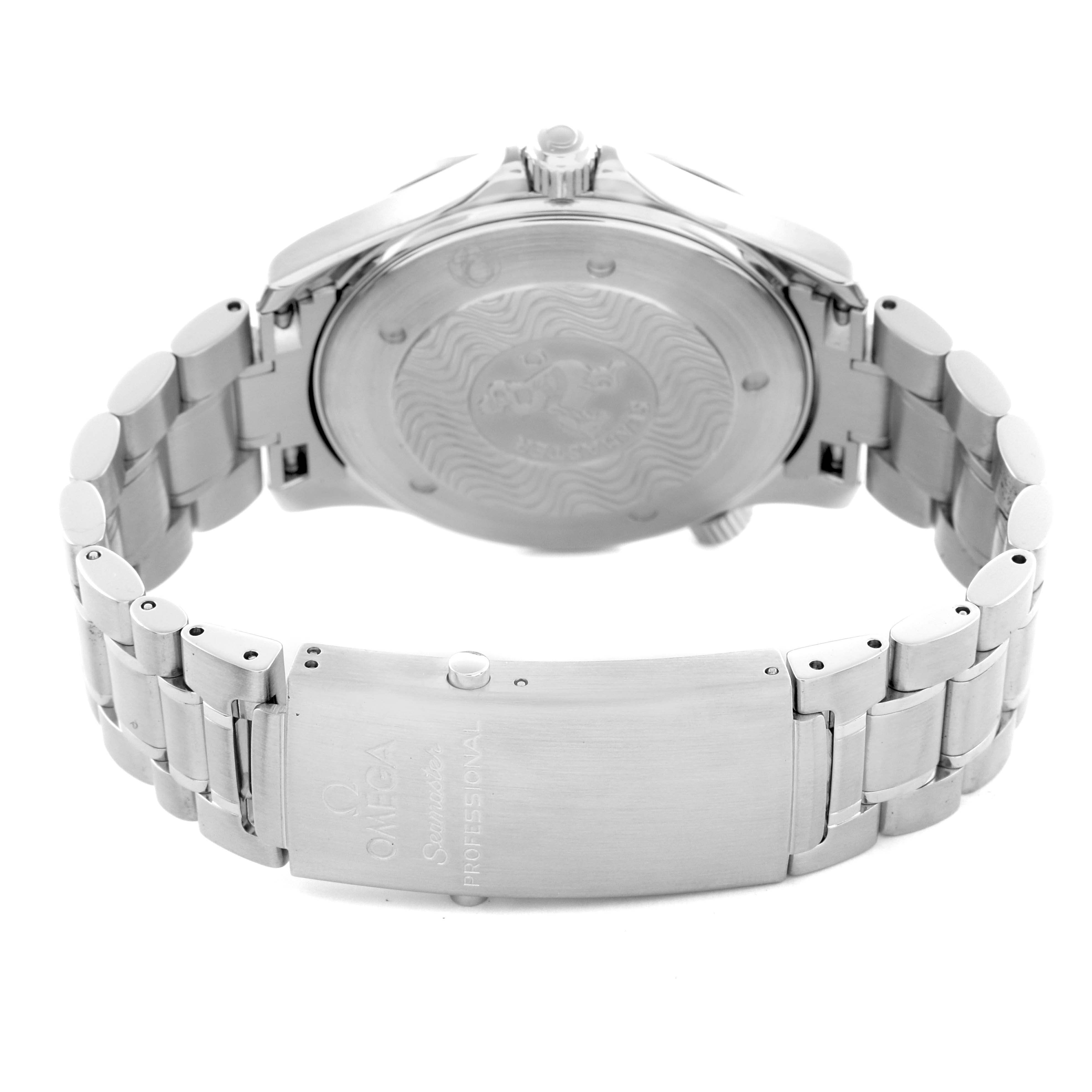 The image shows the rear view of the Omega Seamaster 2264.50.00 Men
s Stainless Steel Black Dial 2264.50.00 Men
s Stainless Steel Black Dial watch, displaying its case back and clasp with engraved branding.