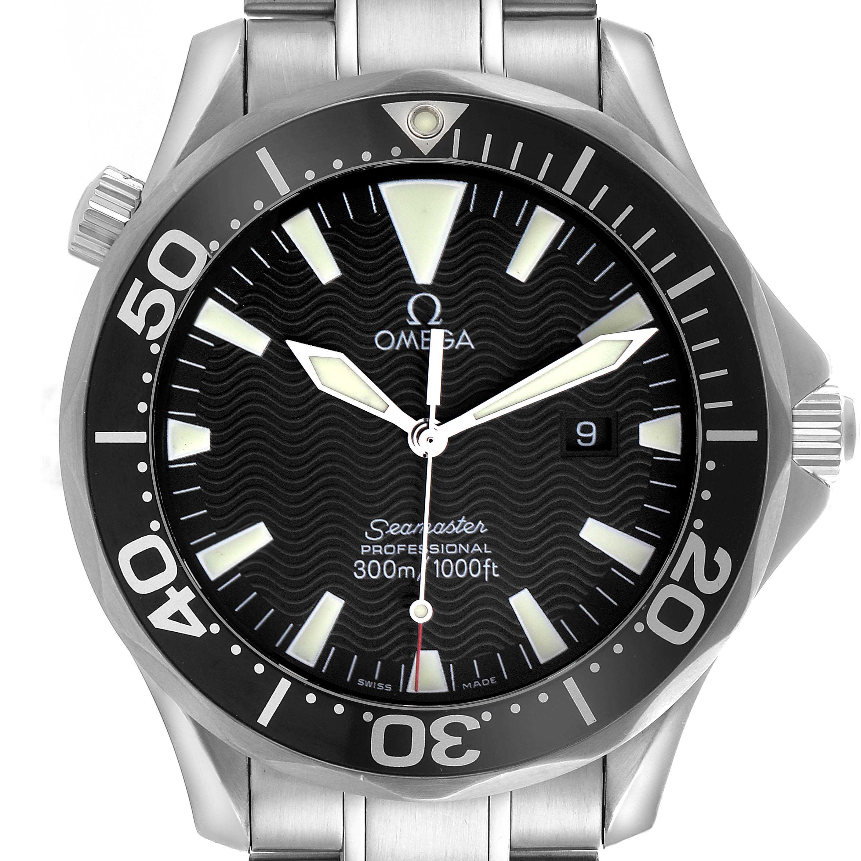 The Omega Seamaster 2264.50.00 Men
s Stainless Steel Black Dial 2264.50.00 Men
s Stainless Steel Black Dial watch is shown from a top-down angle, displaying its face, bezel, markers, and bracelet.