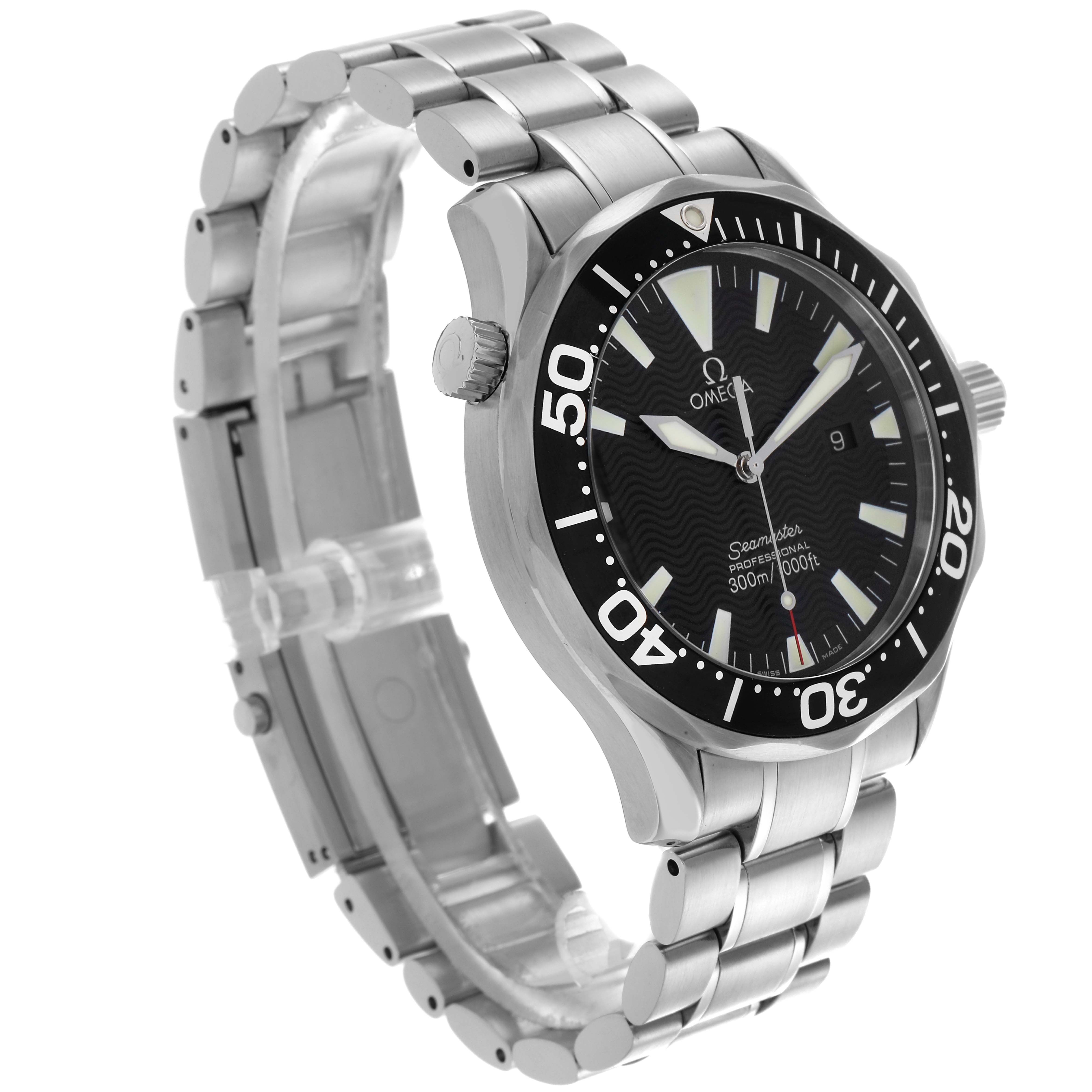 The Omega Seamaster 2264.50.00 Men
s Stainless Steel Black Dial 2264.50.00 Men
s Stainless Steel Black Dial watch is shown at an angled view, highlighting the bezel, dial, crown, and stainless steel bracelet.
