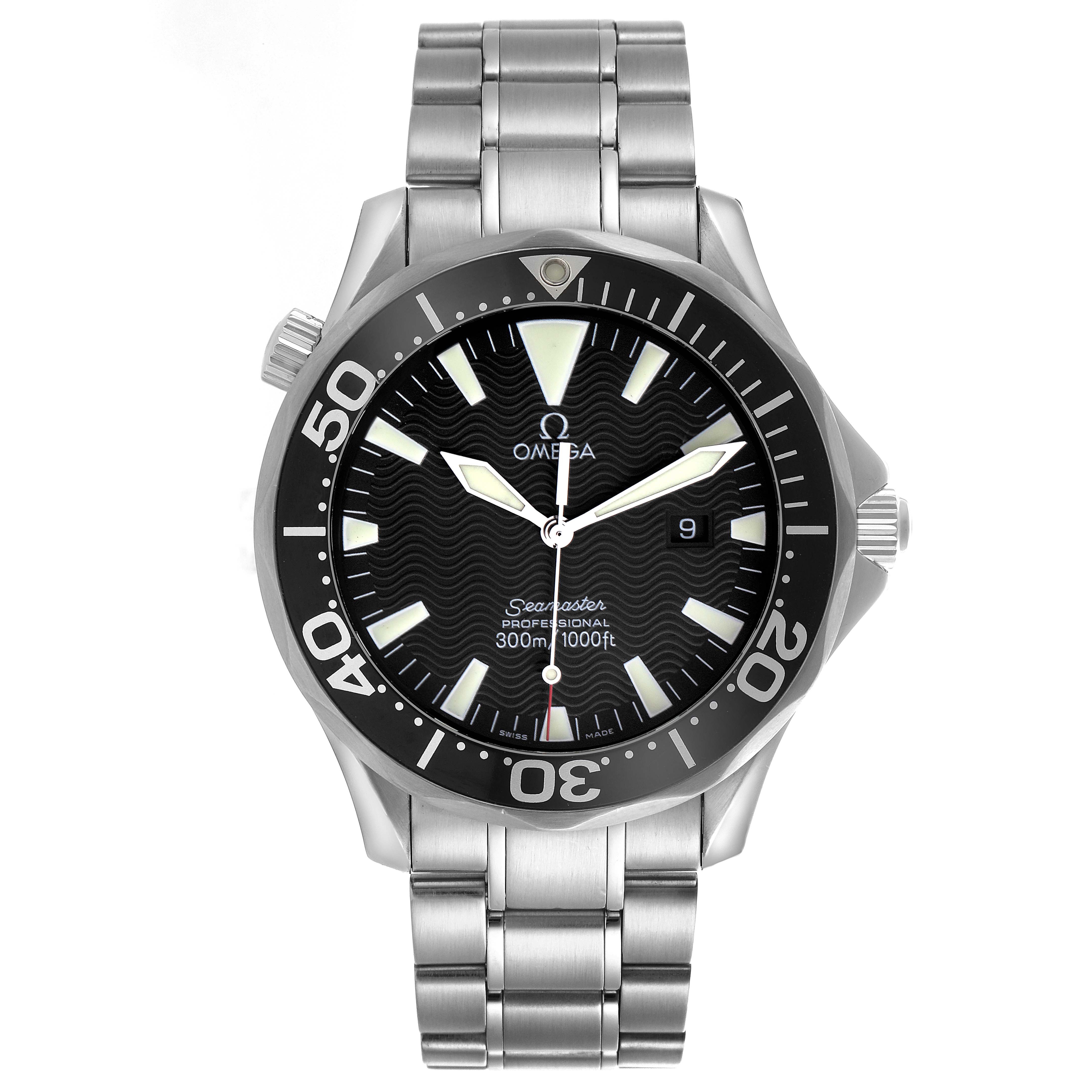 The Omega Seamaster 2264.50.00 Men
s Stainless Steel Black Dial 2264.50.00 Men
s Stainless Steel Black Dial watch is shown from a straight-on angle, displaying the face, bezel, and stainless steel bracelet.