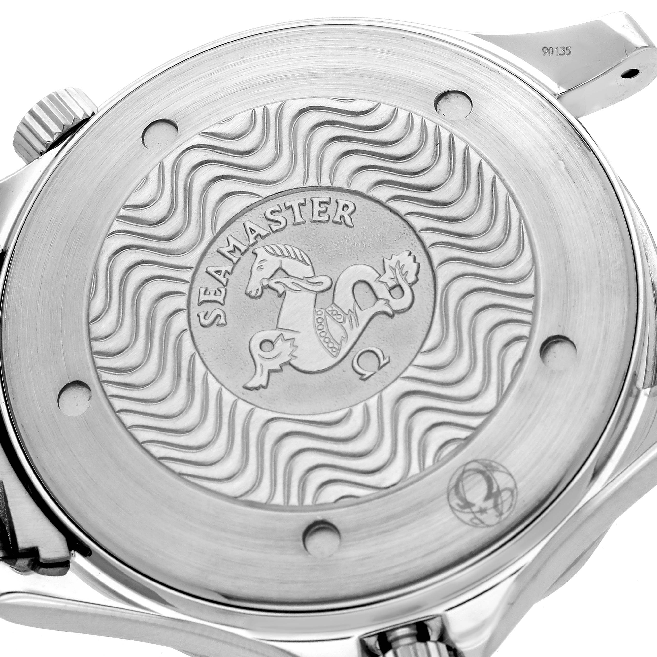 The image shows the back case of an Omega Seamaster 2264.50.00 Men
s Stainless Steel Black Dial 2264.50.00 Men
s Stainless Steel Black Dial watch, featuring an engraved design with the "Seamaster" branding.