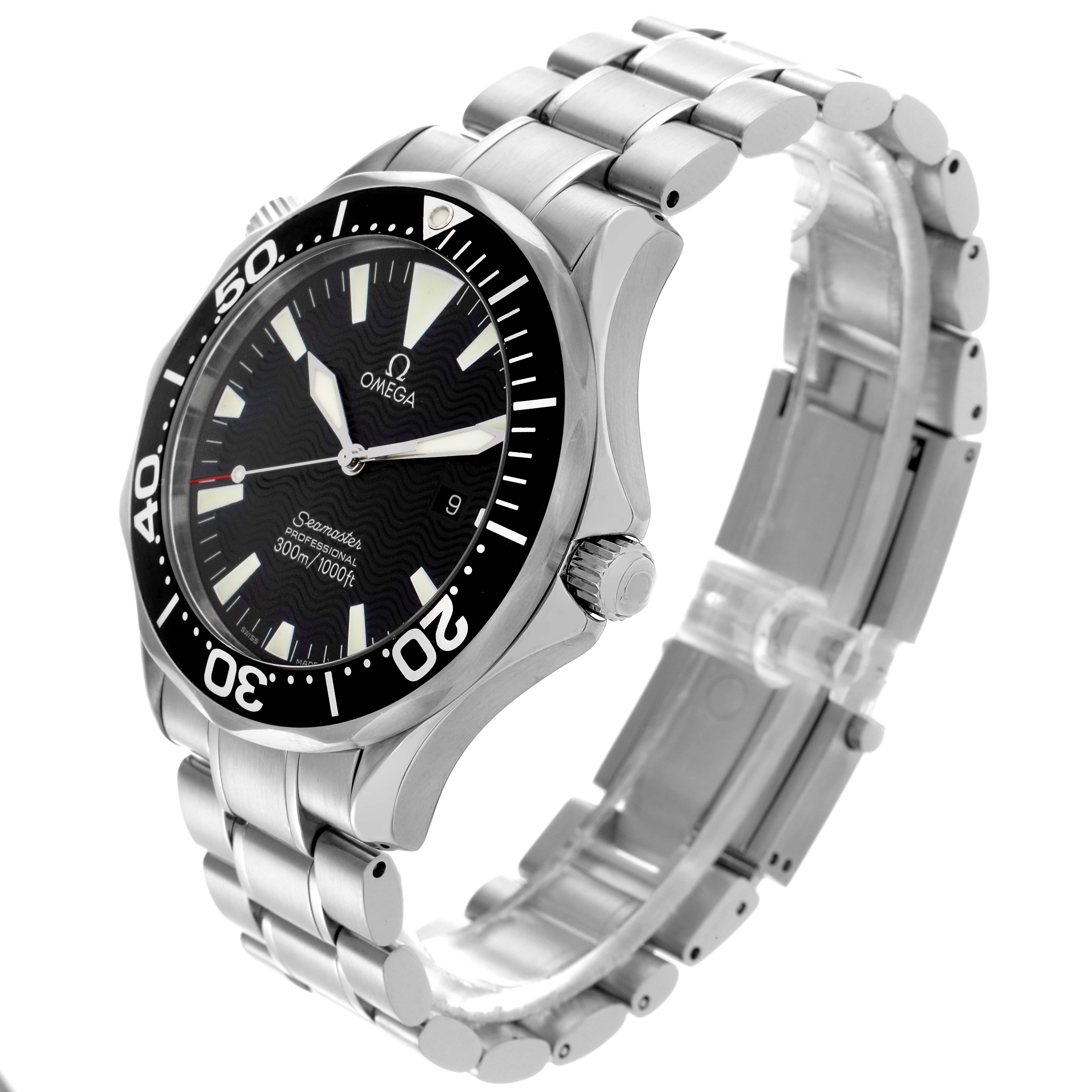 The Omega Seamaster 2264.50.00 Men
s Stainless Steel Black Dial 2264.50.00 Men
s Stainless Steel Black Dial watch is shown at an angle highlighting the face, bezel, crown, and metal bracelet.