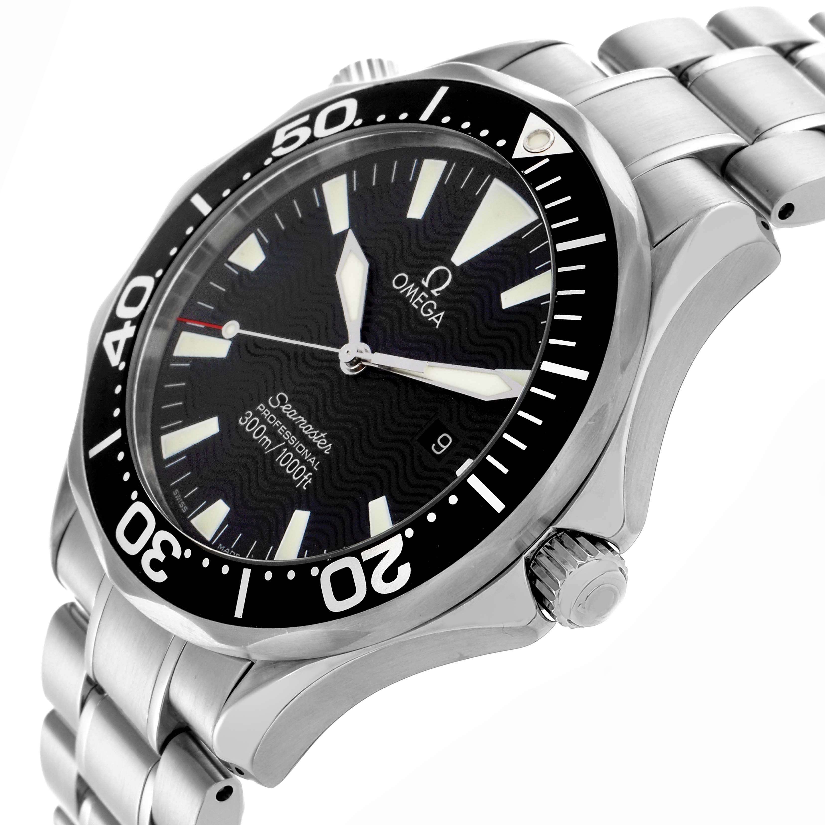 The Omega Seamaster 2264.50.00 Men
s Stainless Steel Black Dial 2264.50.00 Men
s Stainless Steel Black Dial watch is shown at an angle highlighting the black dial, bezel, stainless steel case, and bracelet.