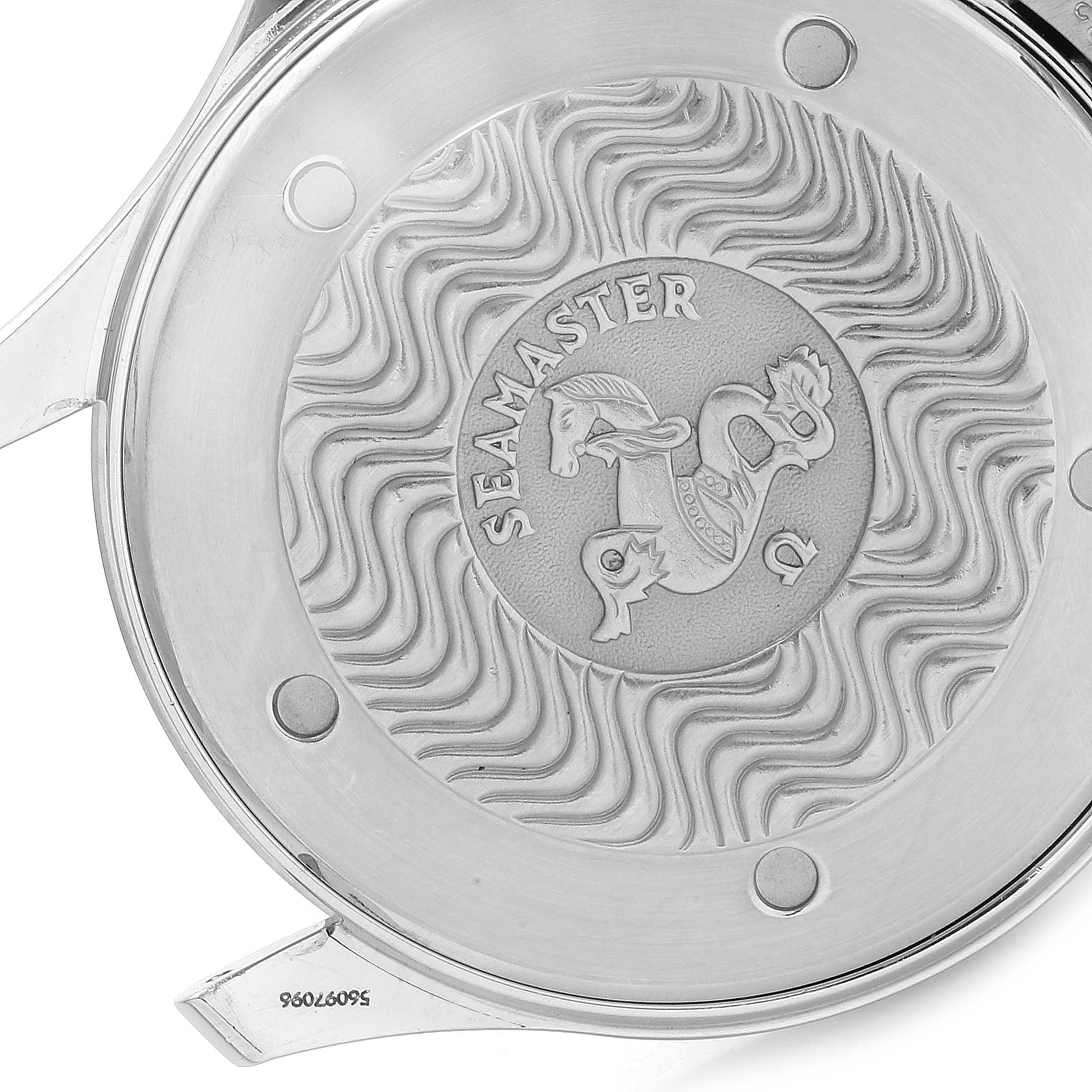 This image shows the engraved case back of an Omega Seamaster 2541.80.00 Men
s Stainless Steel Blue Dial 2541.80.00 Men
s Stainless Steel Blue Dial watch.