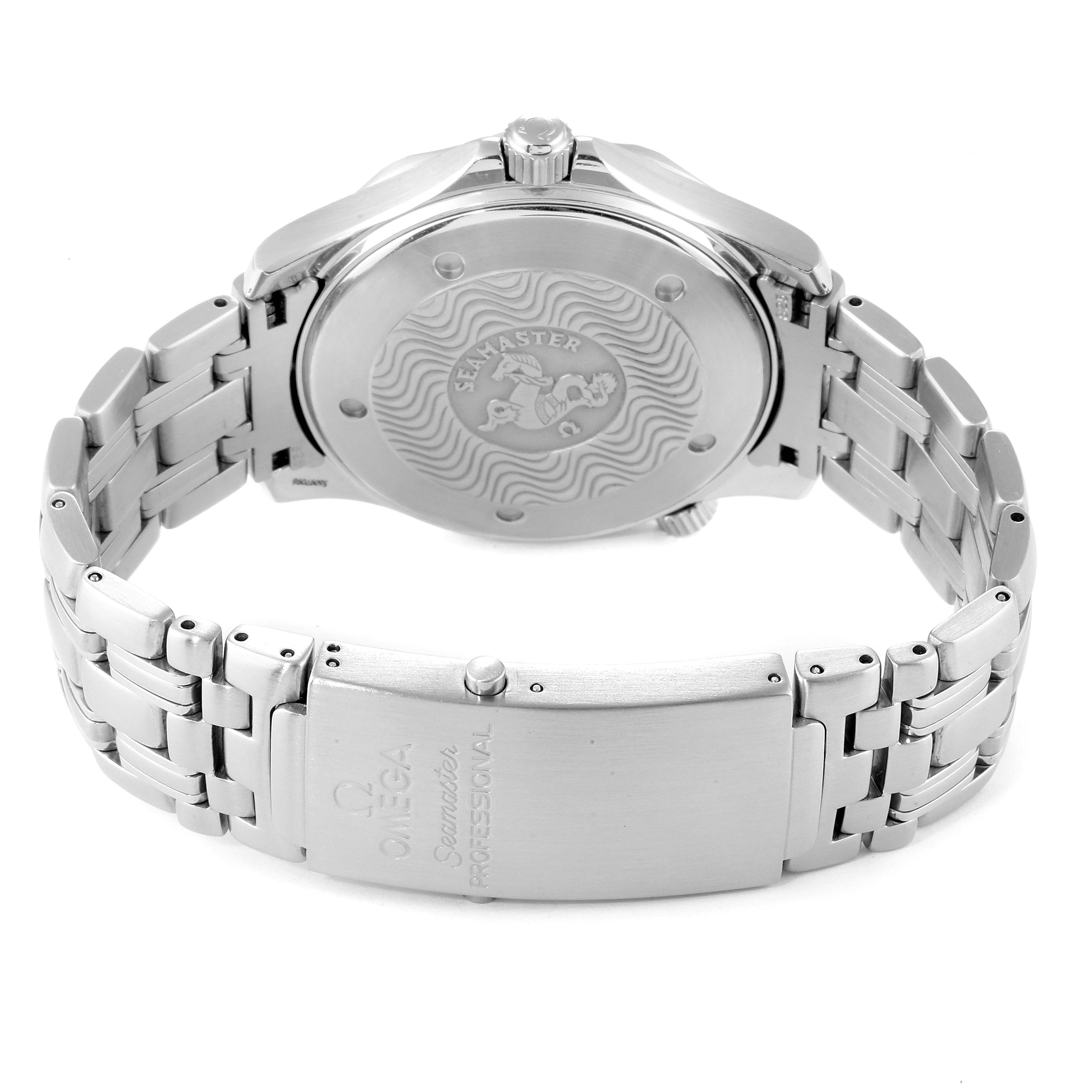 The image shows the back case and stainless steel bracelet of an Omega Seamaster 2541.80.00 Men
s Stainless Steel Blue Dial 2541.80.00 Men
s Stainless Steel Blue Dial watch, highlighting the clasp and engraved case back.