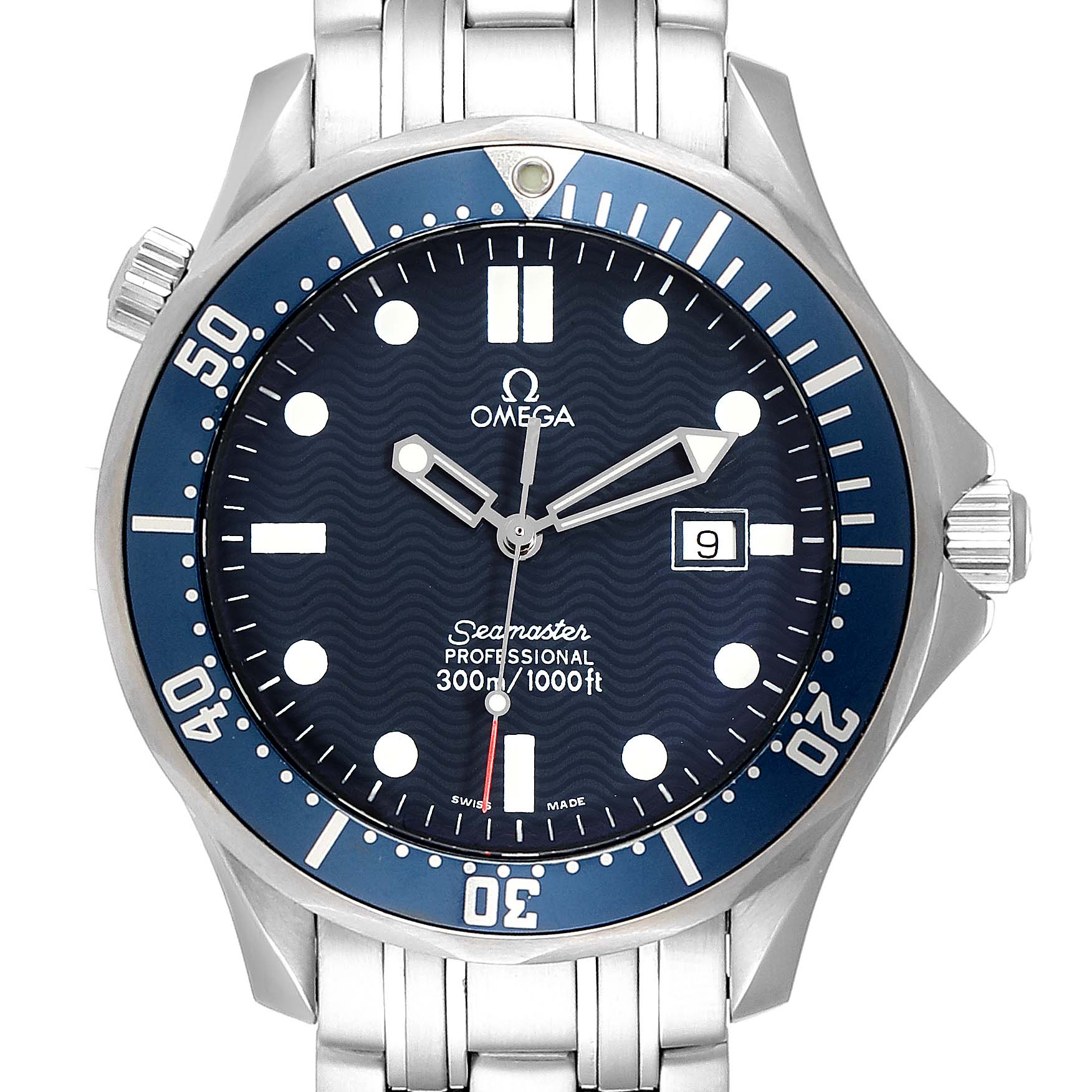 The Omega Seamaster 2541.80.00 Men
s Stainless Steel Blue Dial 2541.80.00 Men
s Stainless Steel Blue Dial watch is shown from the front, highlighting its blue dial, bezel, hands, and stainless steel bracelet.