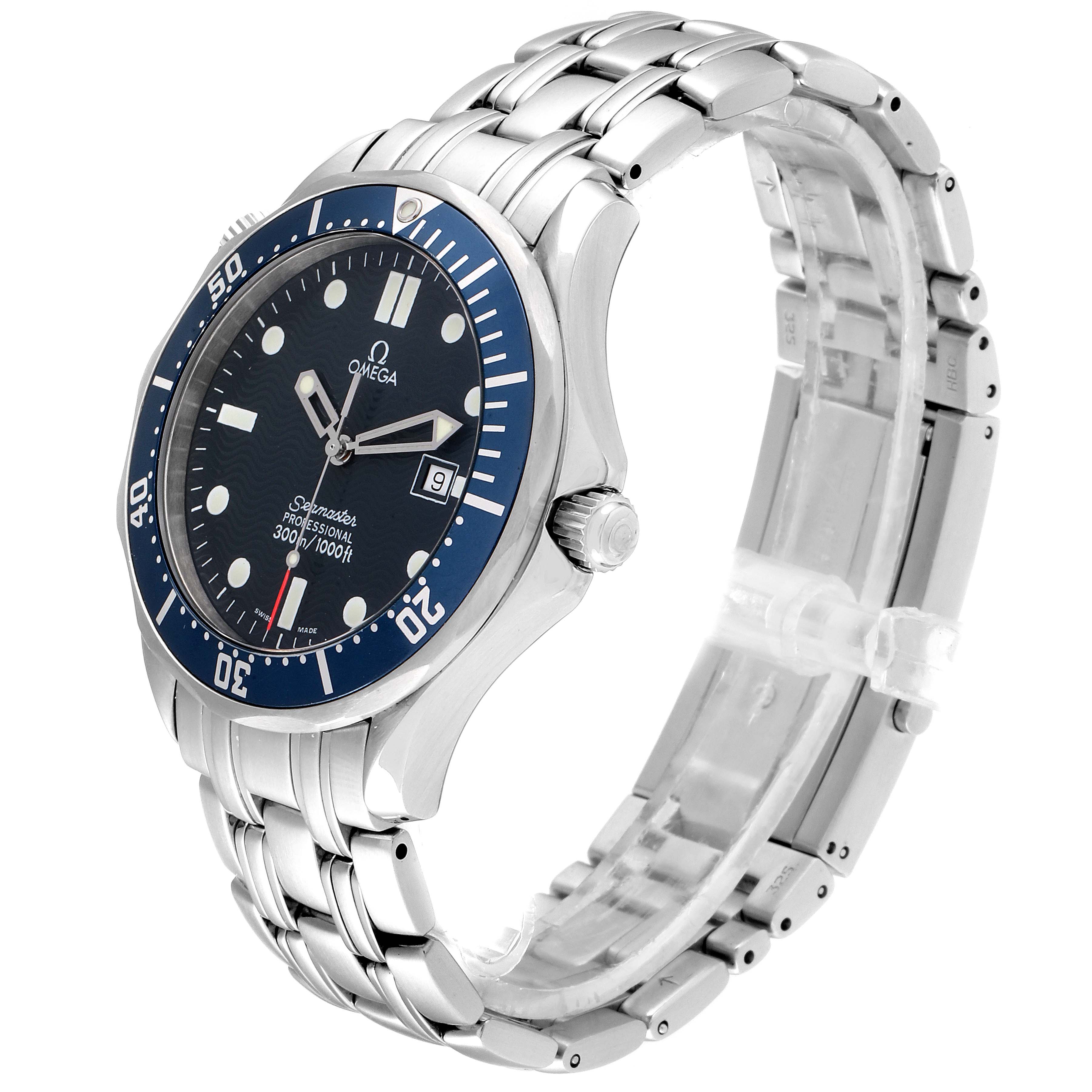 The Omega Seamaster 2541.80.00 Men
s Stainless Steel Blue Dial 2541.80.00 Men
s Stainless Steel Blue Dial watch is shown from an angled side-view, highlighting its blue dial, bezel, and stainless steel bracelet.
