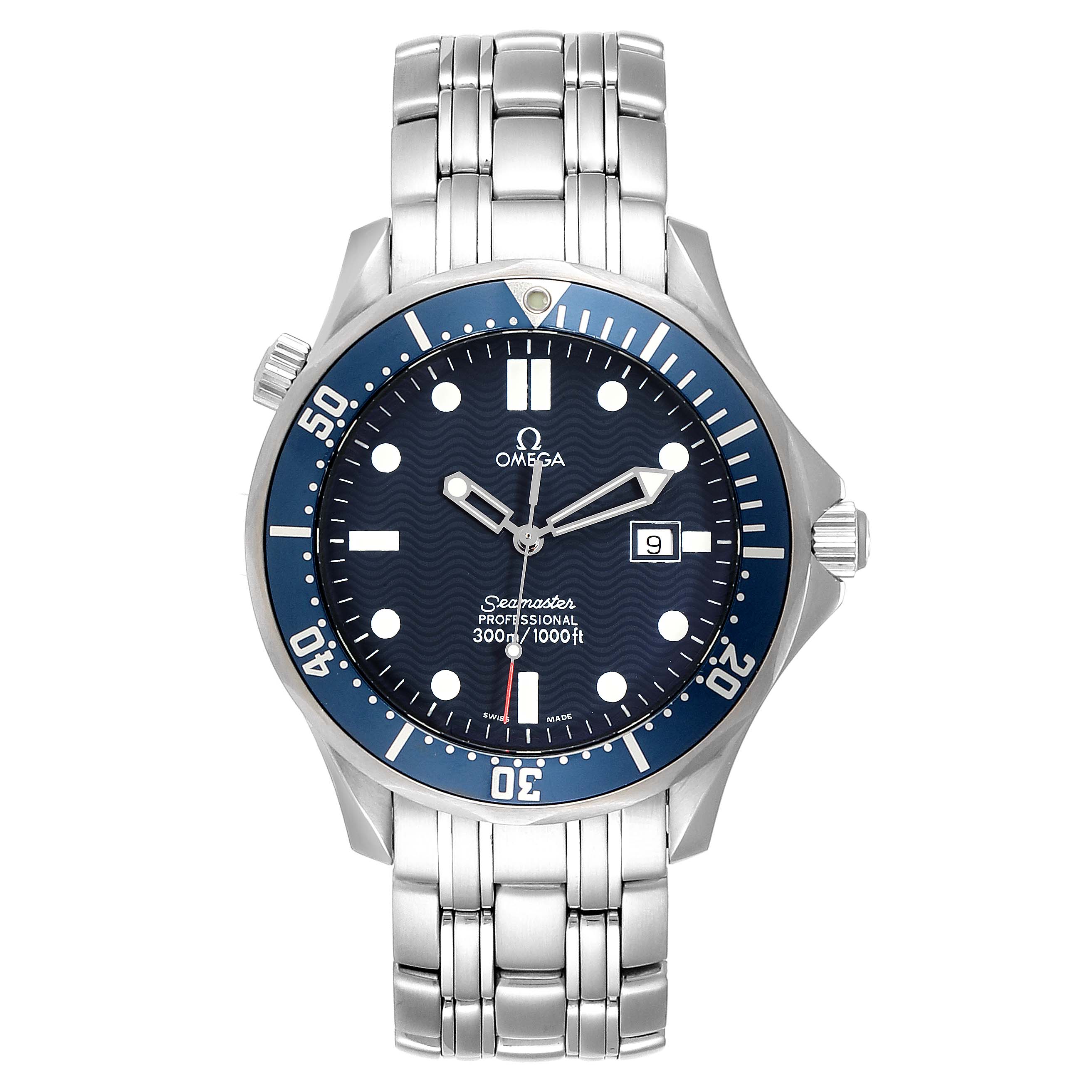 This image shows a front view of the Omega Seamaster 2541.80.00 Men
s Stainless Steel Blue Dial 2541.80.00 Men
s Stainless Steel Blue Dial Professional 300M watch, highlighting its face, bezel, and metal bracelet.