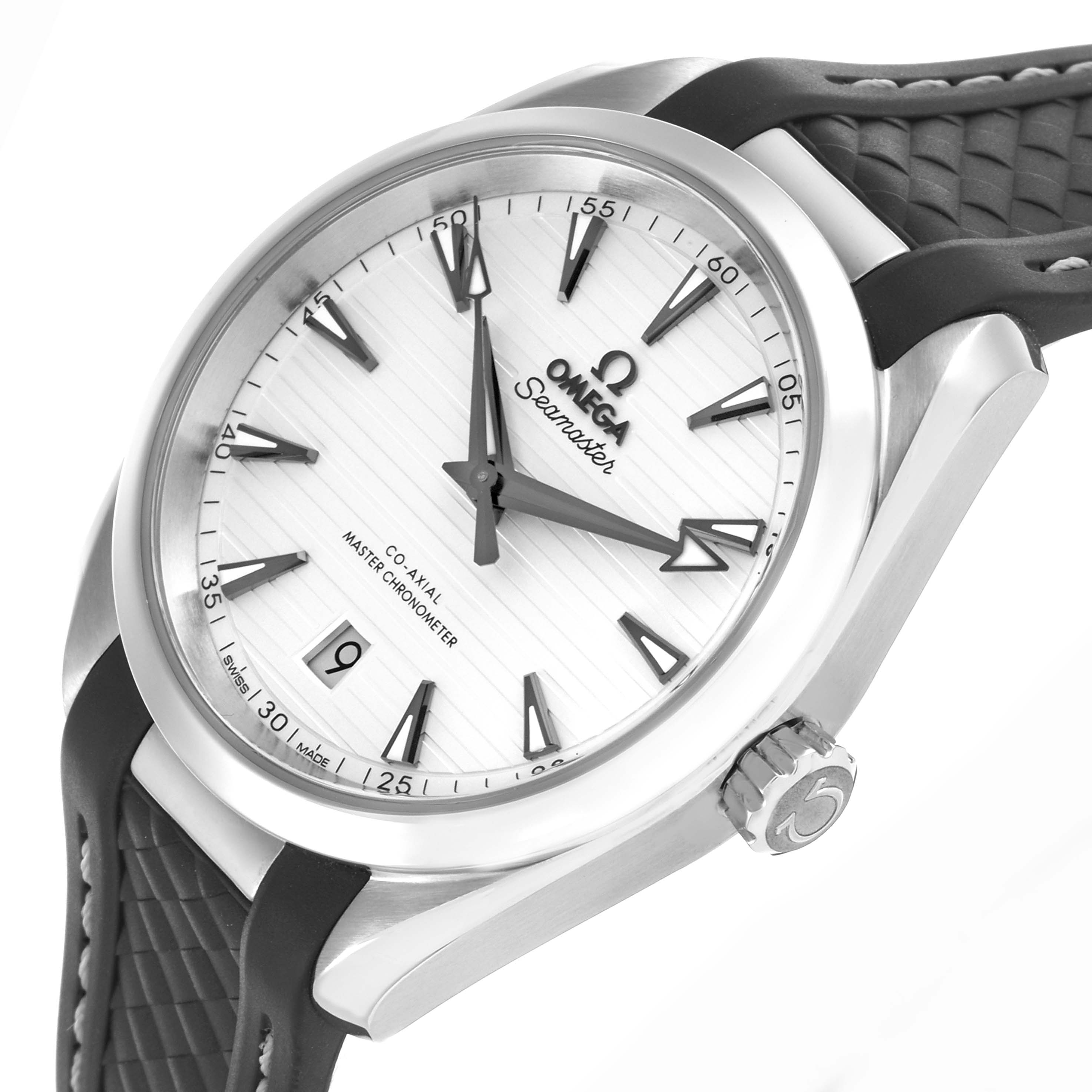 The Omega Aqua Terra 220.12.38.20.02.001 Men's Stainless Steel Silver Dial 220.12.38.20.02.001 Men's Stainless Steel Silver Dial watch is shown in a three-quarter angle, displaying the dial, bezel, crown, and strap.