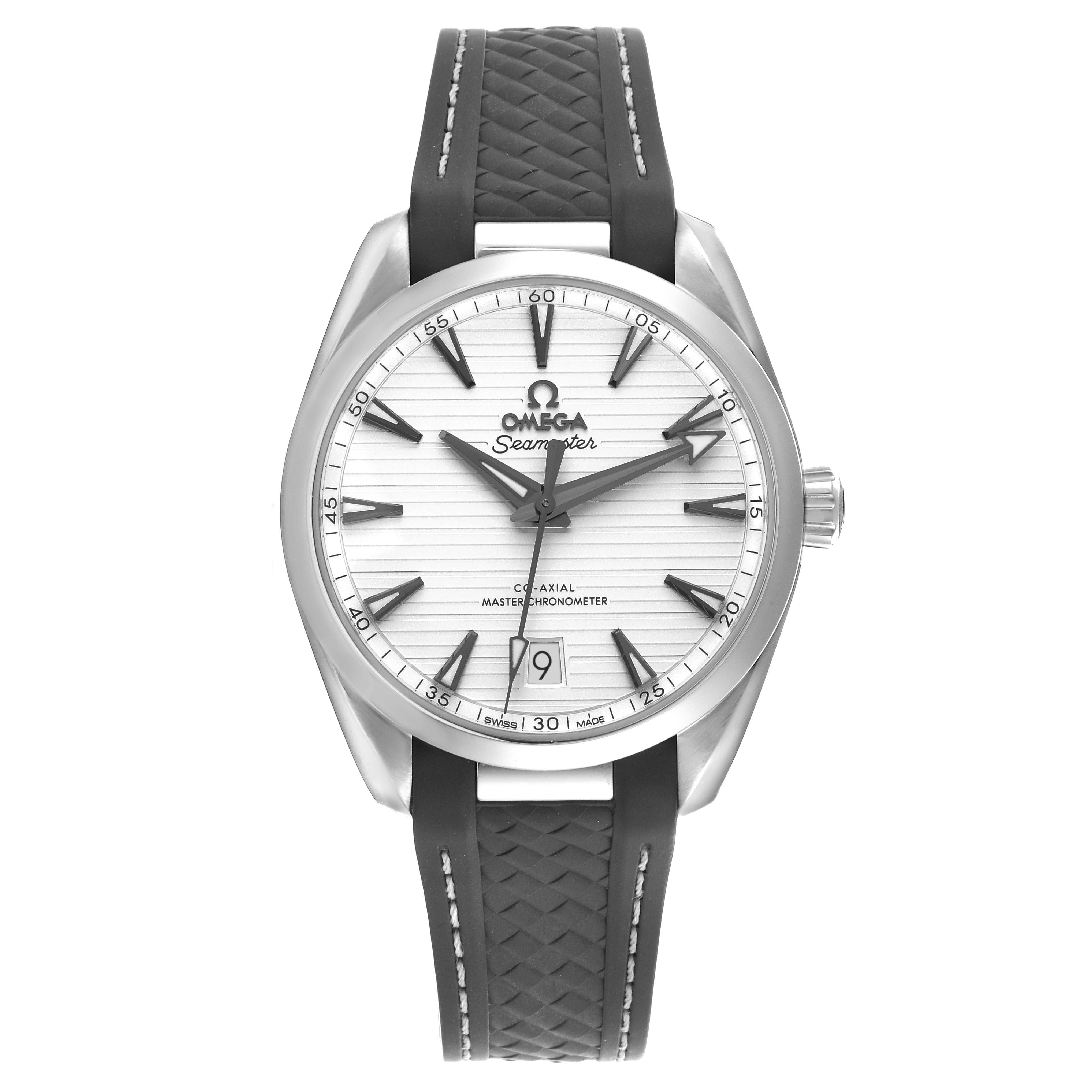 The Omega Aqua Terra 220.12.38.20.02.001 Men's Stainless Steel Silver Dial 220.12.38.20.02.001 Men's Stainless Steel Silver Dial watch is shown from a front angle, highlighting the dial, hands, bezel, and strap.