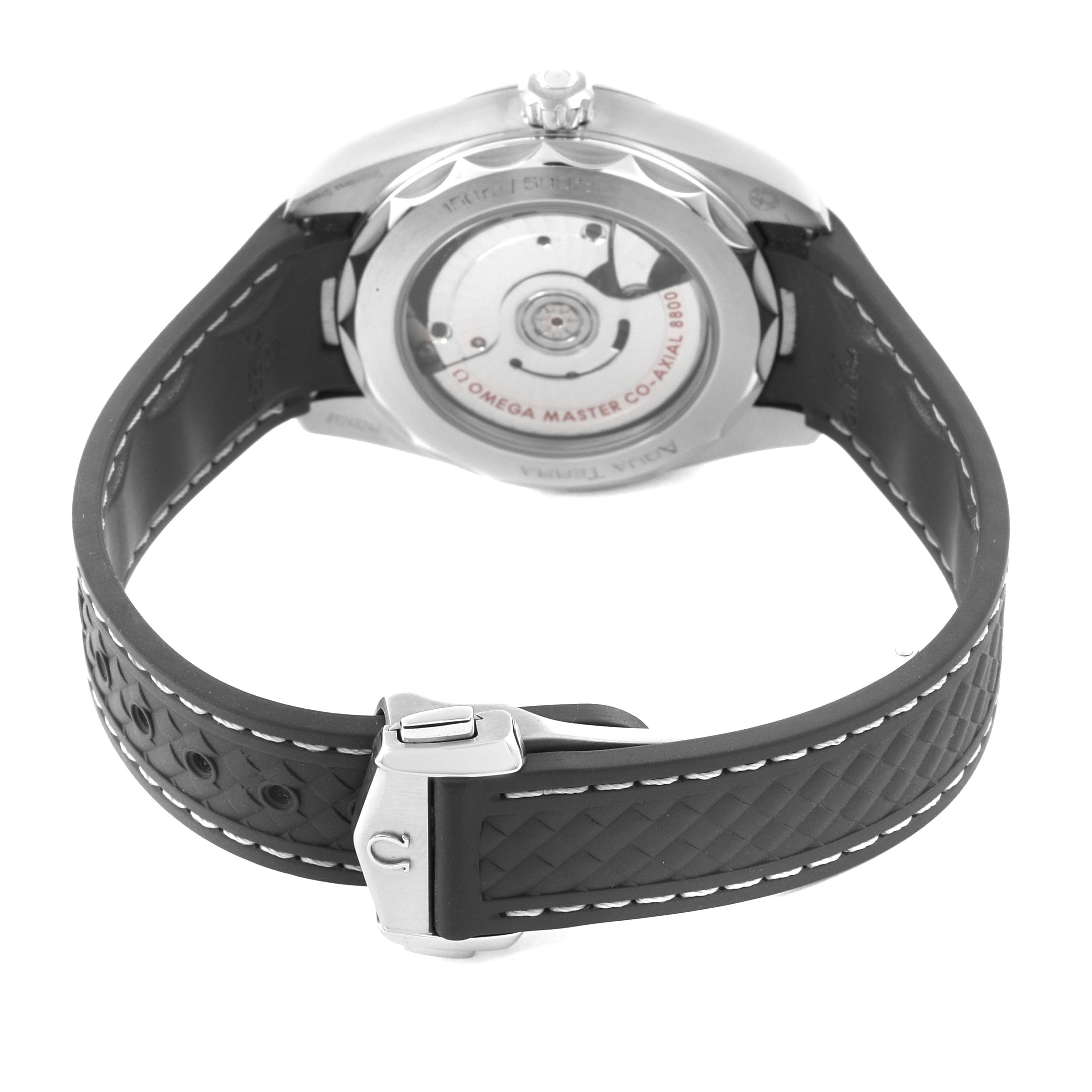 The Omega Aqua Terra 220.12.38.20.02.001 Men's Stainless Steel Silver Dial 220.12.38.20.02.001 Men's Stainless Steel Silver Dial watch is shown from the rear, highlighting the case back and the dark strap with stitching.