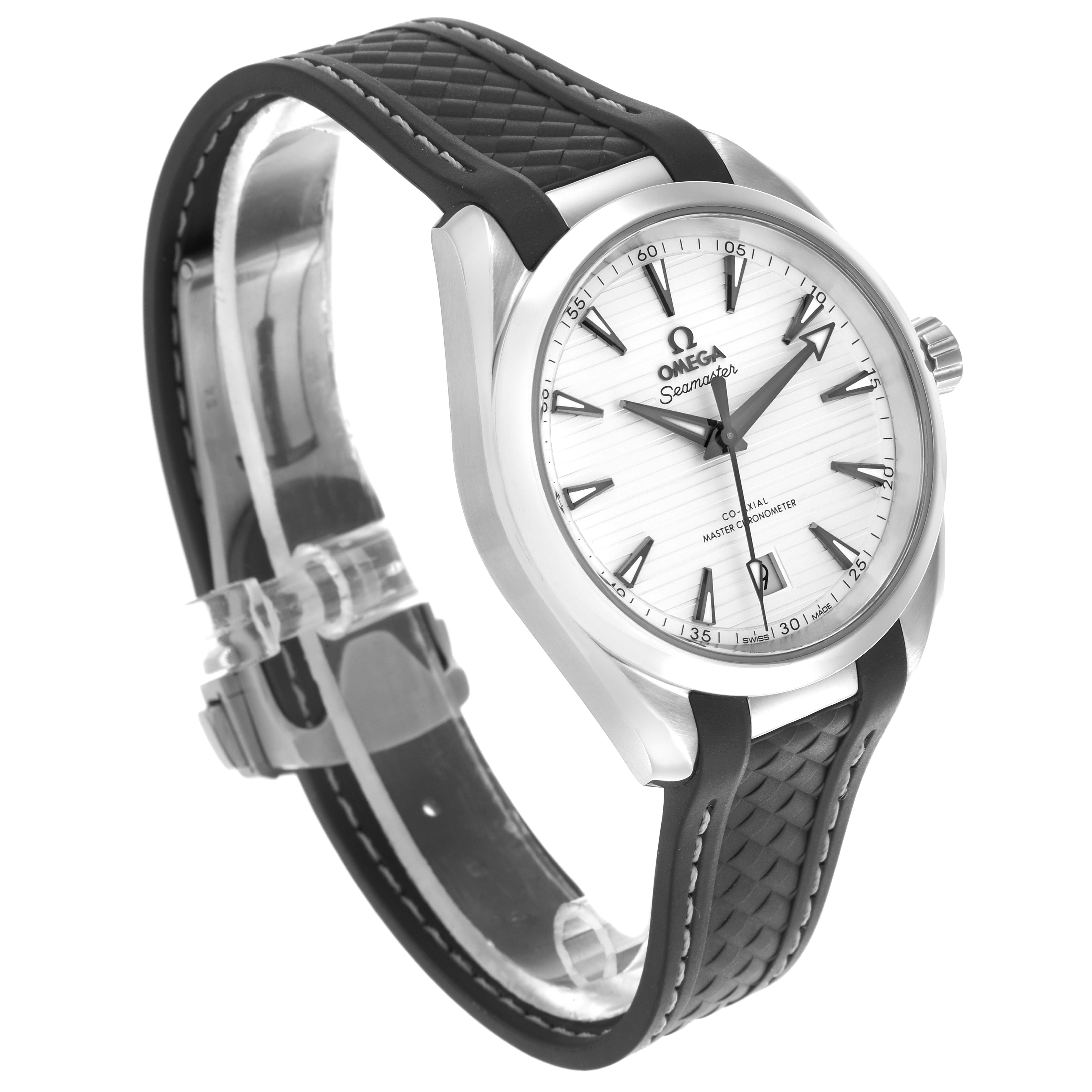 The Omega Aqua Terra 220.12.38.20.02.001 Men's Stainless Steel Silver Dial 220.12.38.20.02.001 Men's Stainless Steel Silver Dial watch is shown from a three-quarter front angle, highlighting the face, bezel, and textured strap.