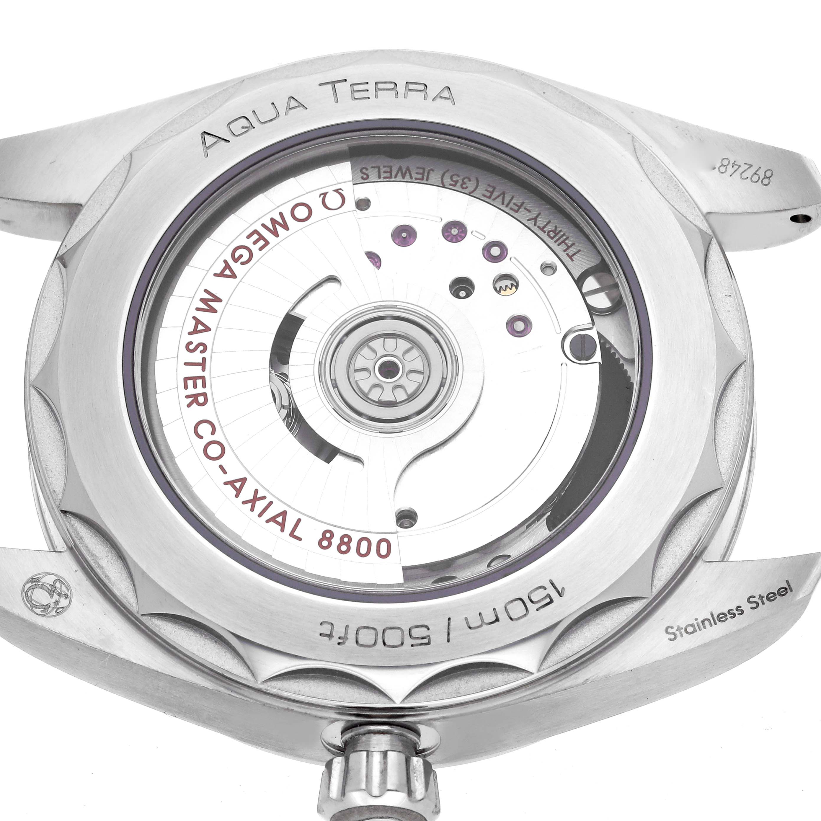 The image shows the back view of the Omega Aqua Terra 220.12.38.20.02.001 Men's Stainless Steel Silver Dial 220.12.38.20.02.001 Men's Stainless Steel Silver Dial watch, highlighting the Master Co-Axial 8800 movement.