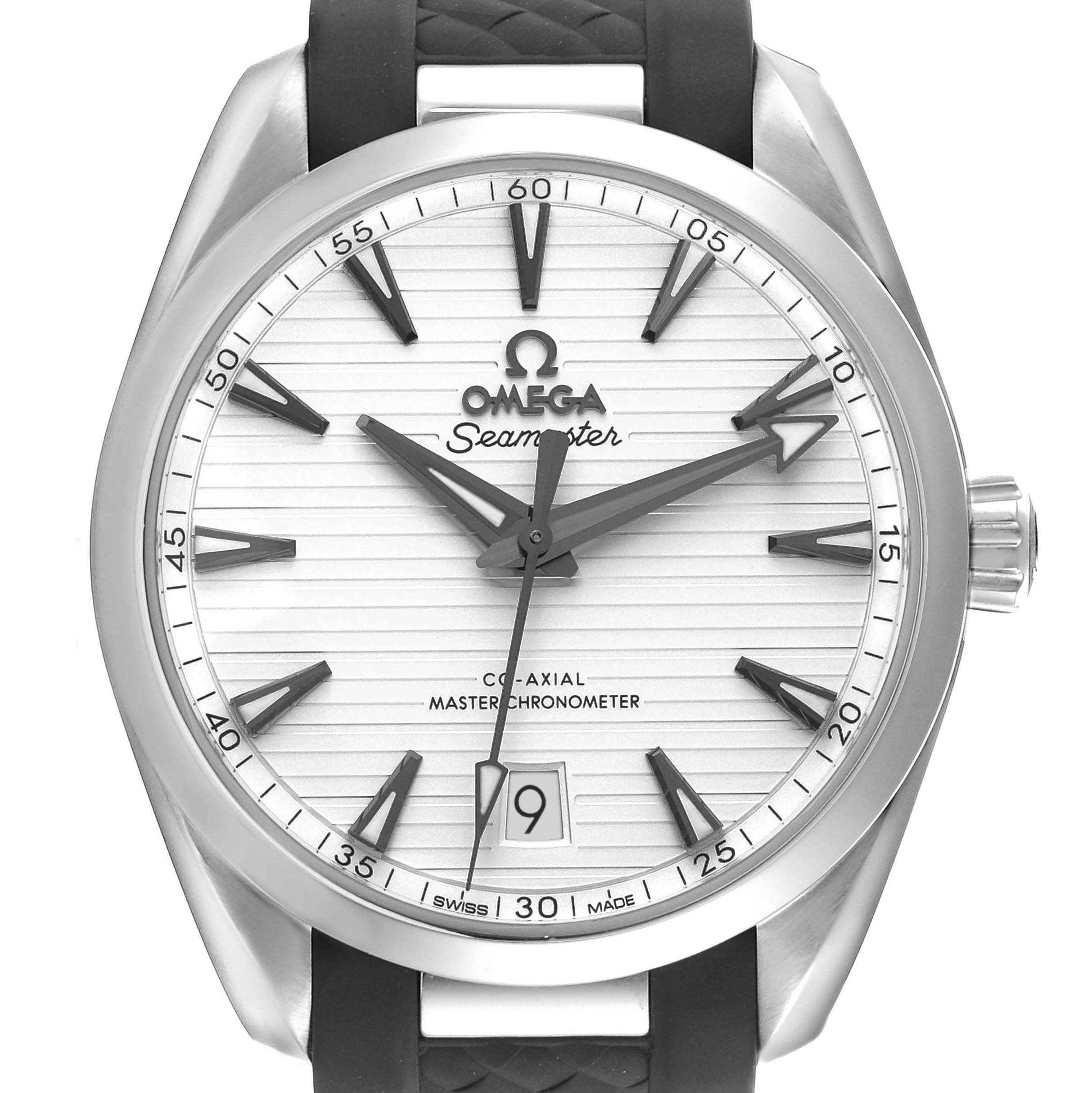 The Omega Aqua Terra 220.12.38.20.02.001 Men's Stainless Steel Silver Dial 220.12.38.20.02.001 Men's Stainless Steel Silver Dial watch is shown from the front, displaying the dial, hands, bezel, and crown.