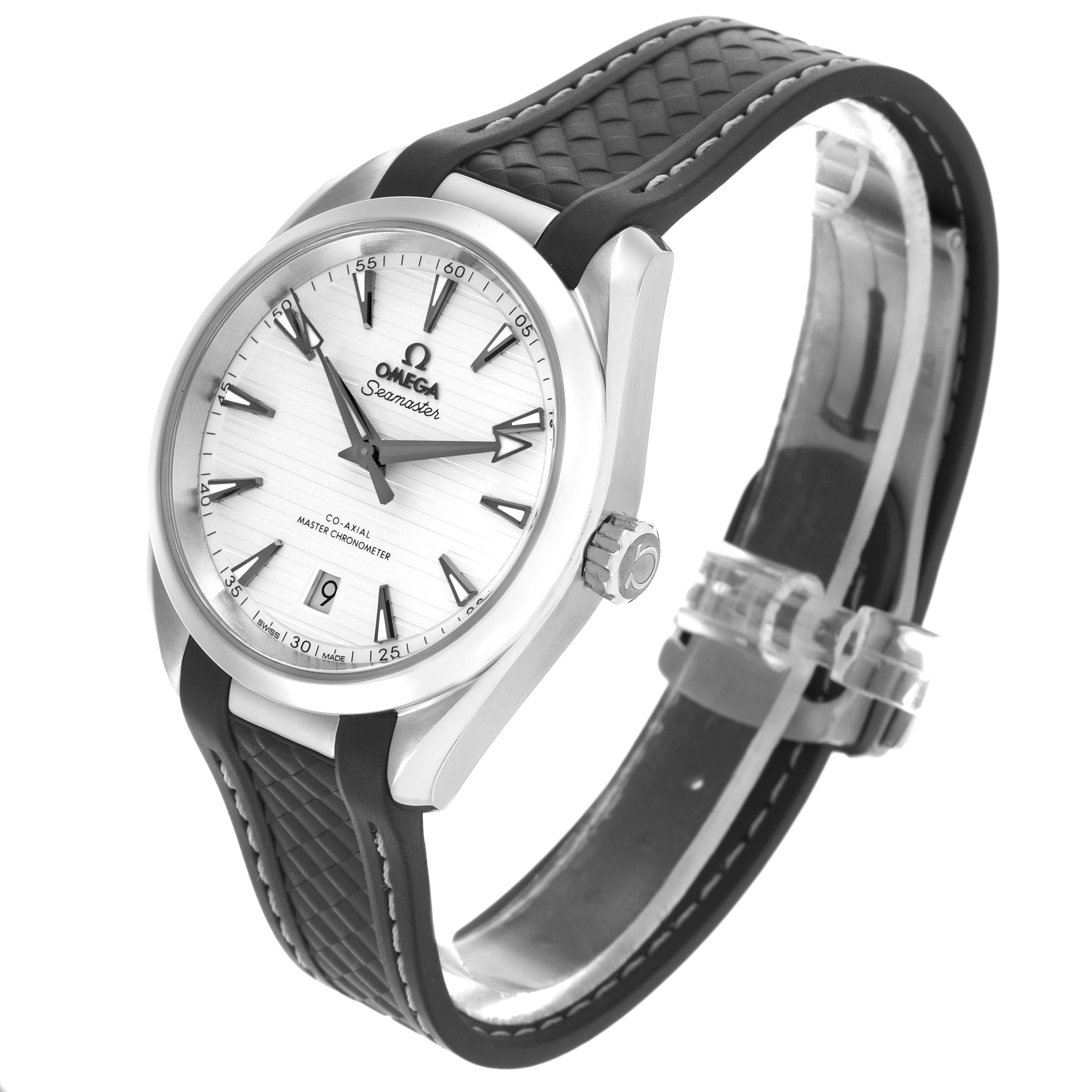 The Omega Aqua Terra 220.12.38.20.02.001 Men's Stainless Steel Silver Dial 220.12.38.20.02.001 Men's Stainless Steel Silver Dial watch is shown from a side angle, displaying its face, crown, and partially open strap.