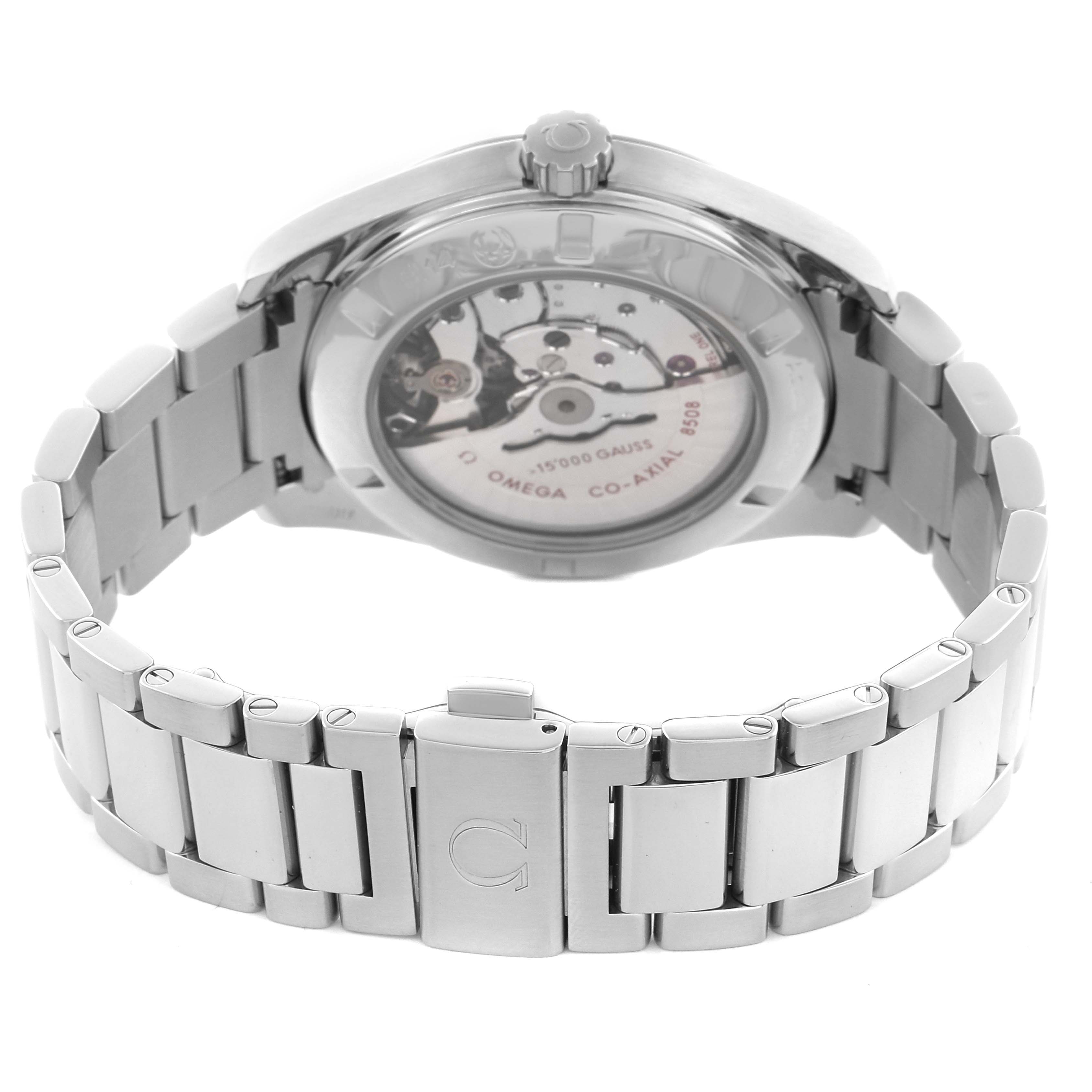 The Omega Aqua Terra 231.10.42.21.01.002 Men
s Stainless Steel Black Dial 231.10.42.21.01.002 Men
s Stainless Steel Black Dial watch is shown from the back, highlighting the movement and stainless steel bracelet.