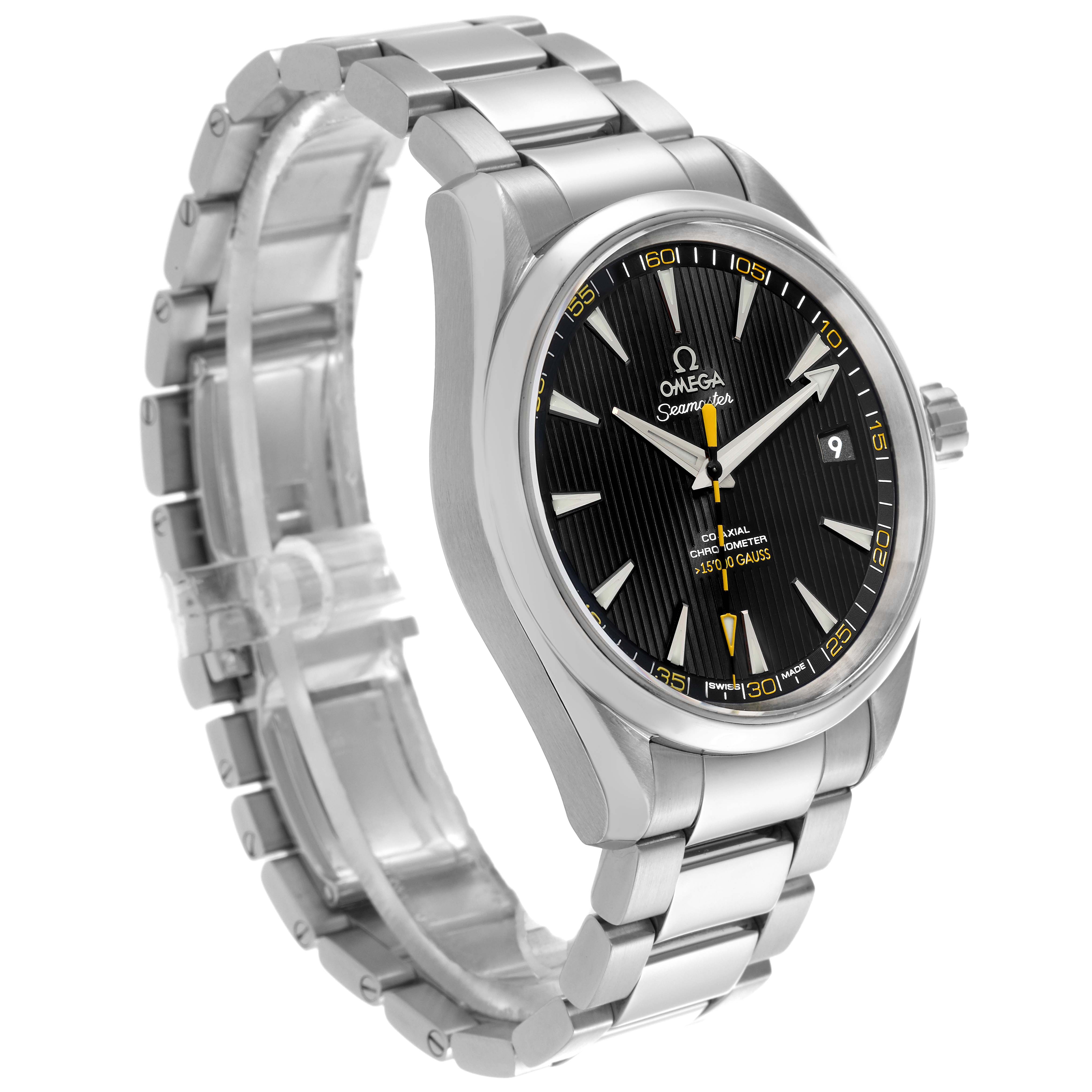 The Omega Aqua Terra 231.10.42.21.01.002 Men
s Stainless Steel Black Dial 231.10.42.21.01.002 Men
s Stainless Steel Black Dial watch is shown at a three-quarter angle, displaying the case, dial, bracelet, and crown.