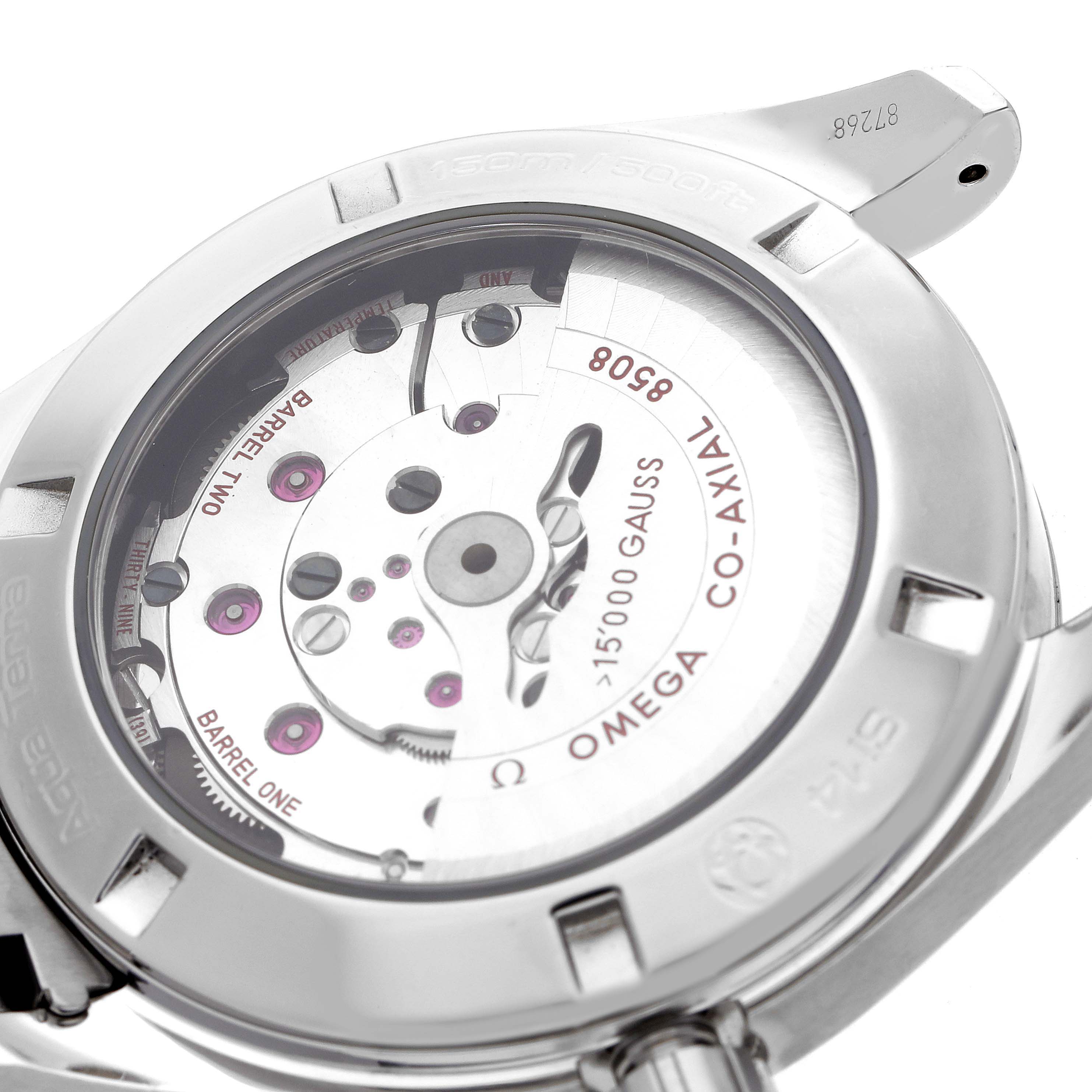 The Omega Aqua Terra 231.10.42.21.01.002 Men
s Stainless Steel Black Dial 231.10.42.21.01.002 Men
s Stainless Steel Black Dial watch is shown from the back, highlighting its transparent case back and movement details.