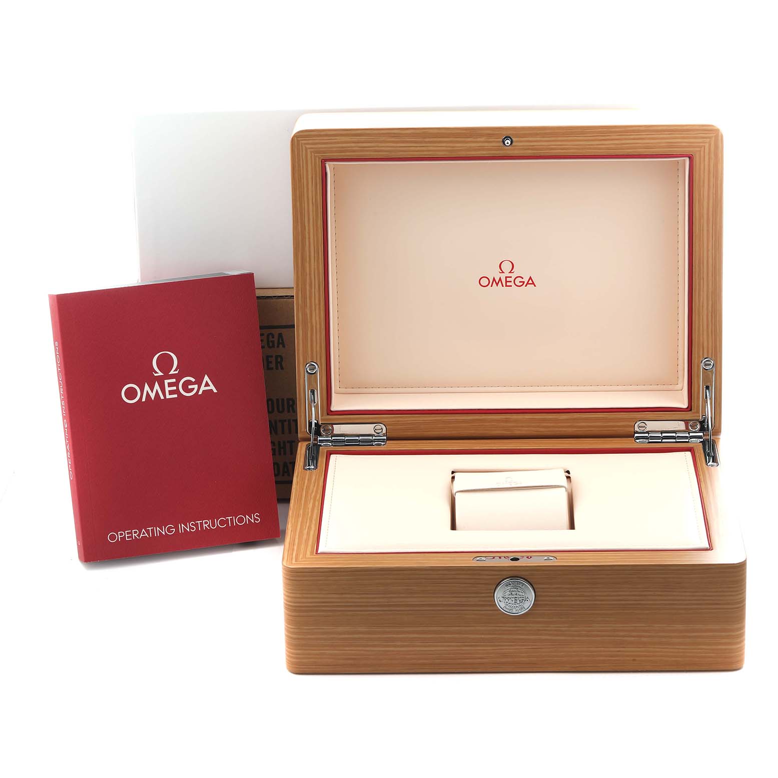 The image shows an open Omega Aqua Terra 231.10.42.21.01.002 Men
s Stainless Steel Black Dial 231.10.42.21.01.002 Men
s Stainless Steel Black Dial watch box with operating instructions beside it.