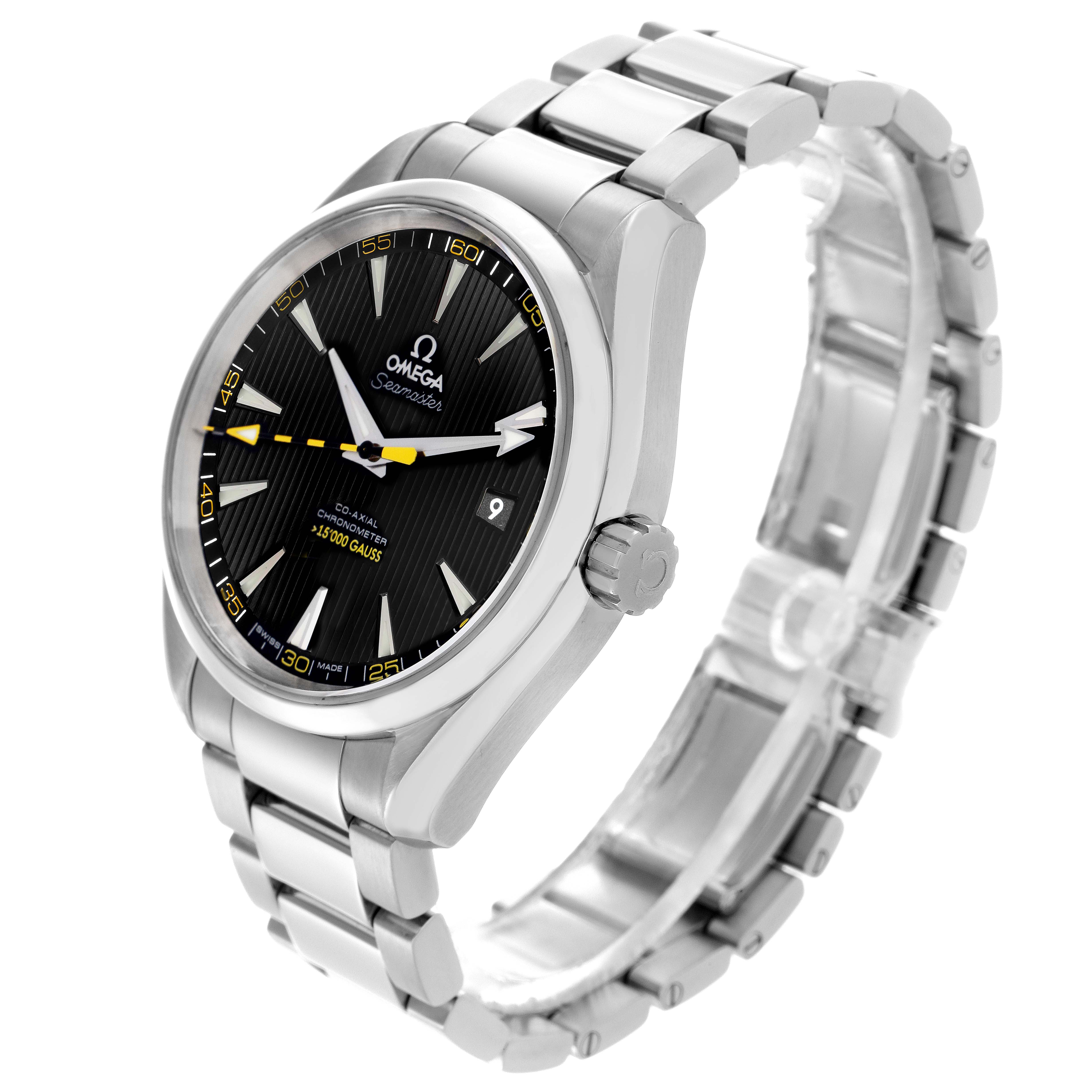 The Omega Aqua Terra 231.10.42.21.01.002 Men
s Stainless Steel Black Dial 231.10.42.21.01.002 Men
s Stainless Steel Black Dial watch is shown at a three-quarter angle, highlighting the face, bezel, crown, and bracelet.