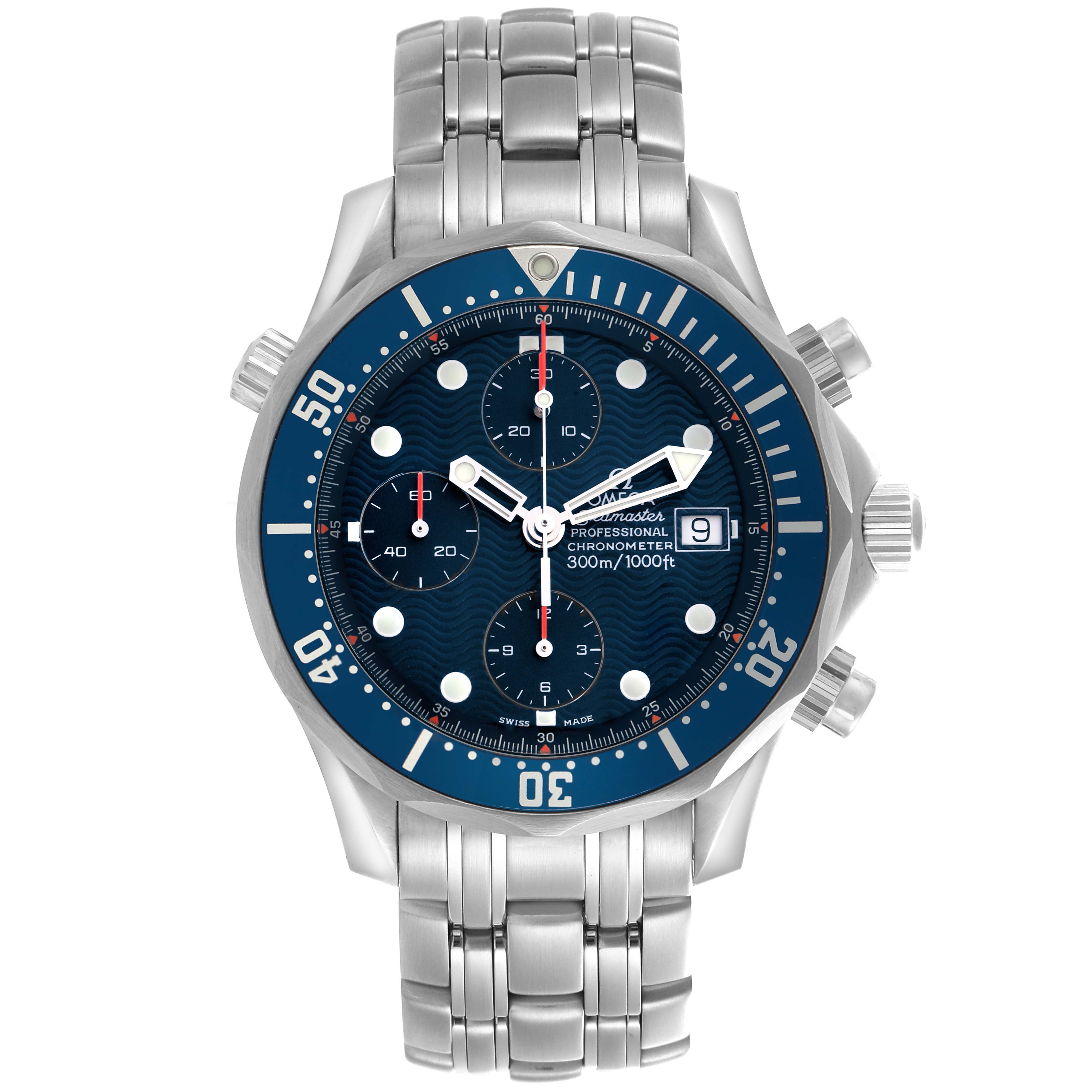 The Omega Seamaster 2599.80.00 Men
s Stainless Steel Blue Dial 2599.80.00 Men
s Stainless Steel Blue Dial watch is shown from a frontal angle, highlighting the dial, bezel, and stainless steel bracelet.