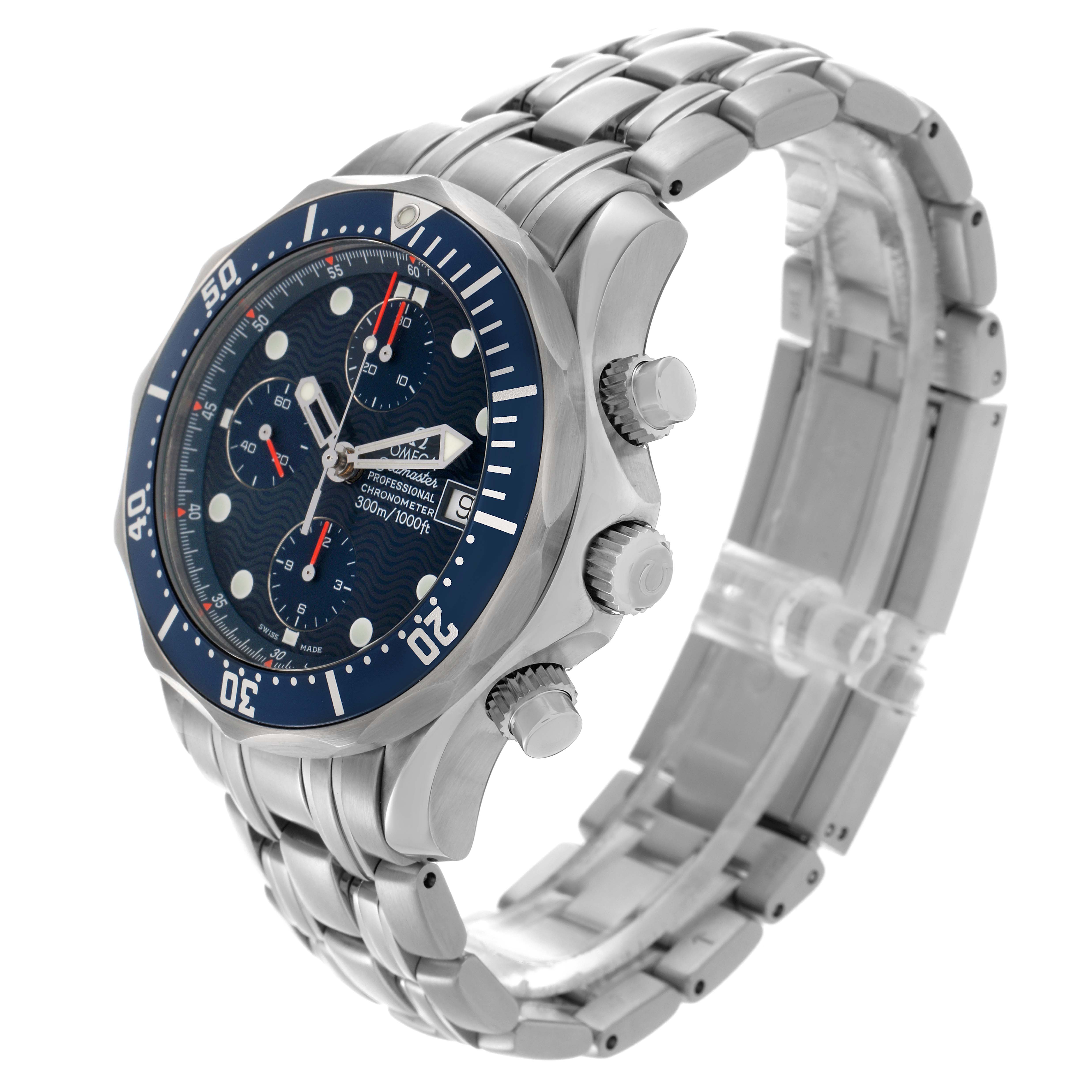 The Omega Seamaster 2599.80.00 Men
s Stainless Steel Blue Dial 2599.80.00 Men
s Stainless Steel Blue Dial watch is shown at a 3/4 angle, highlighting the blue dial, bezel, case, pushers, and metal bracelet.