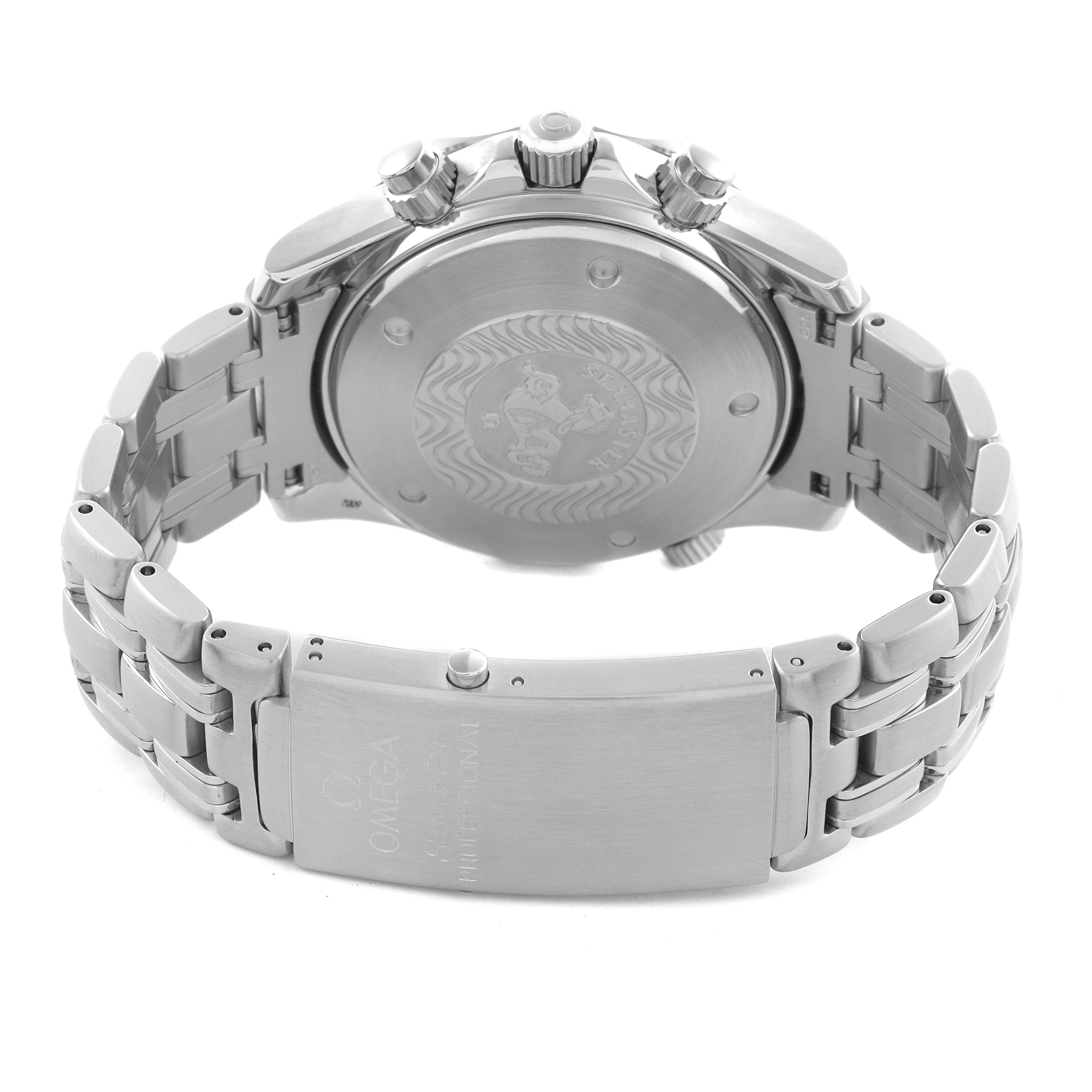 The Omega Seamaster 2599.80.00 Men
s Stainless Steel Blue Dial 2599.80.00 Men
s Stainless Steel Blue Dial watch is shown from the back, displaying the case back, bracelet, clasp, and crown side view.