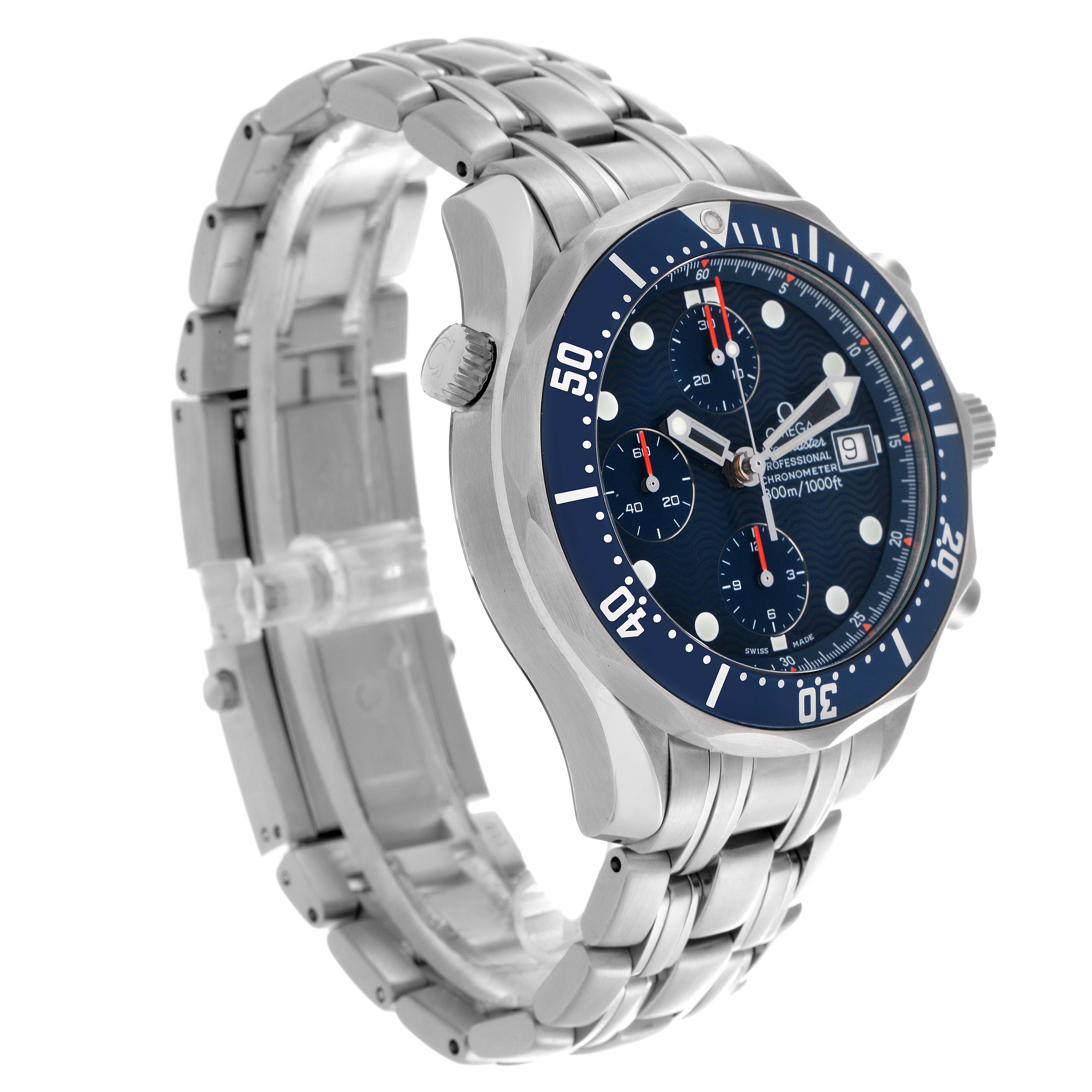 The Omega Seamaster 2599.80.00 Men
s Stainless Steel Blue Dial 2599.80.00 Men
s Stainless Steel Blue Dial watch is shown from a three-quarter angle highlighting the bracelet, bezel, and face with subdials.