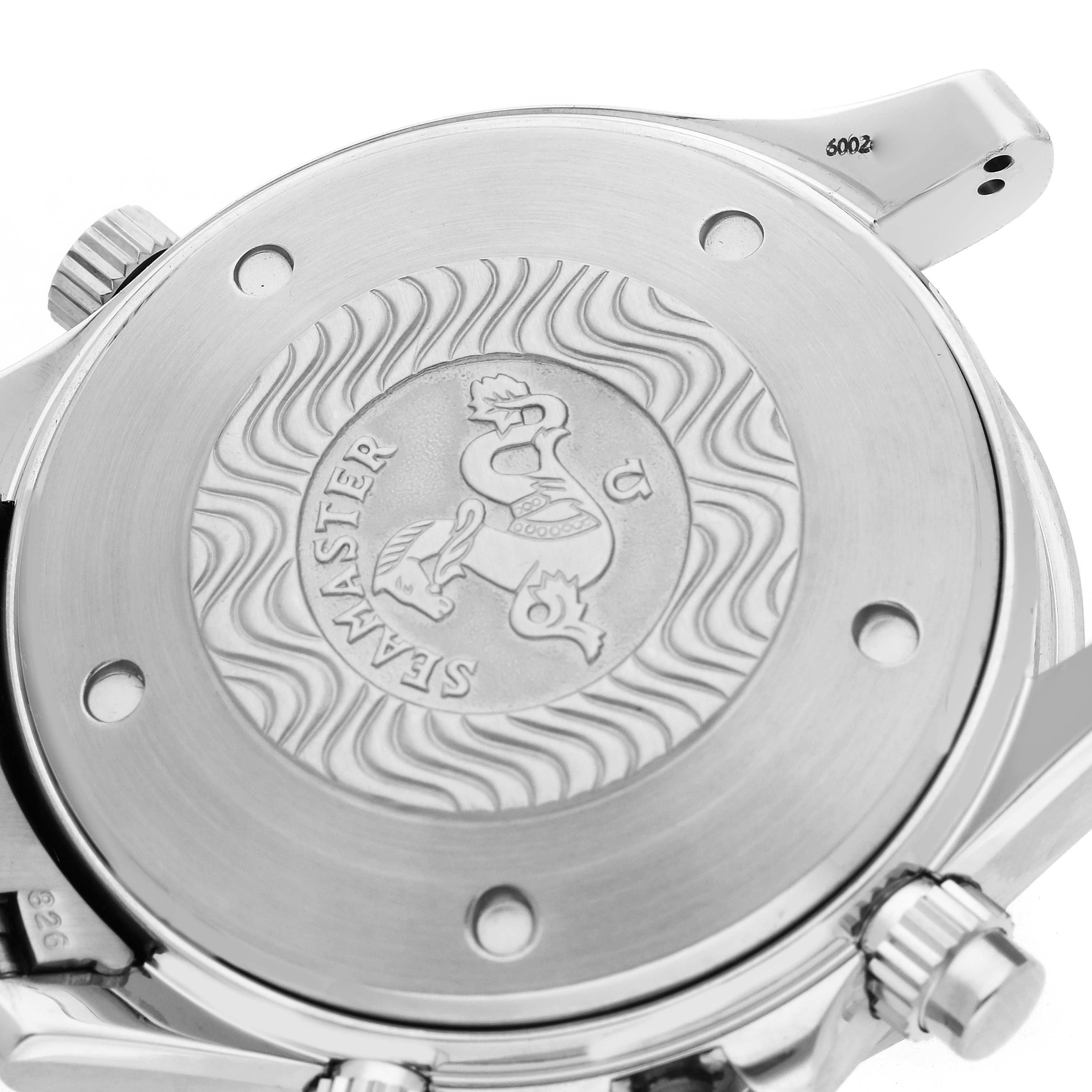 The image shows the back case of an Omega Seamaster 2599.80.00 Men
s Stainless Steel Blue Dial 2599.80.00 Men
s Stainless Steel Blue Dial watch, highlighting the engraved logo and textured design.