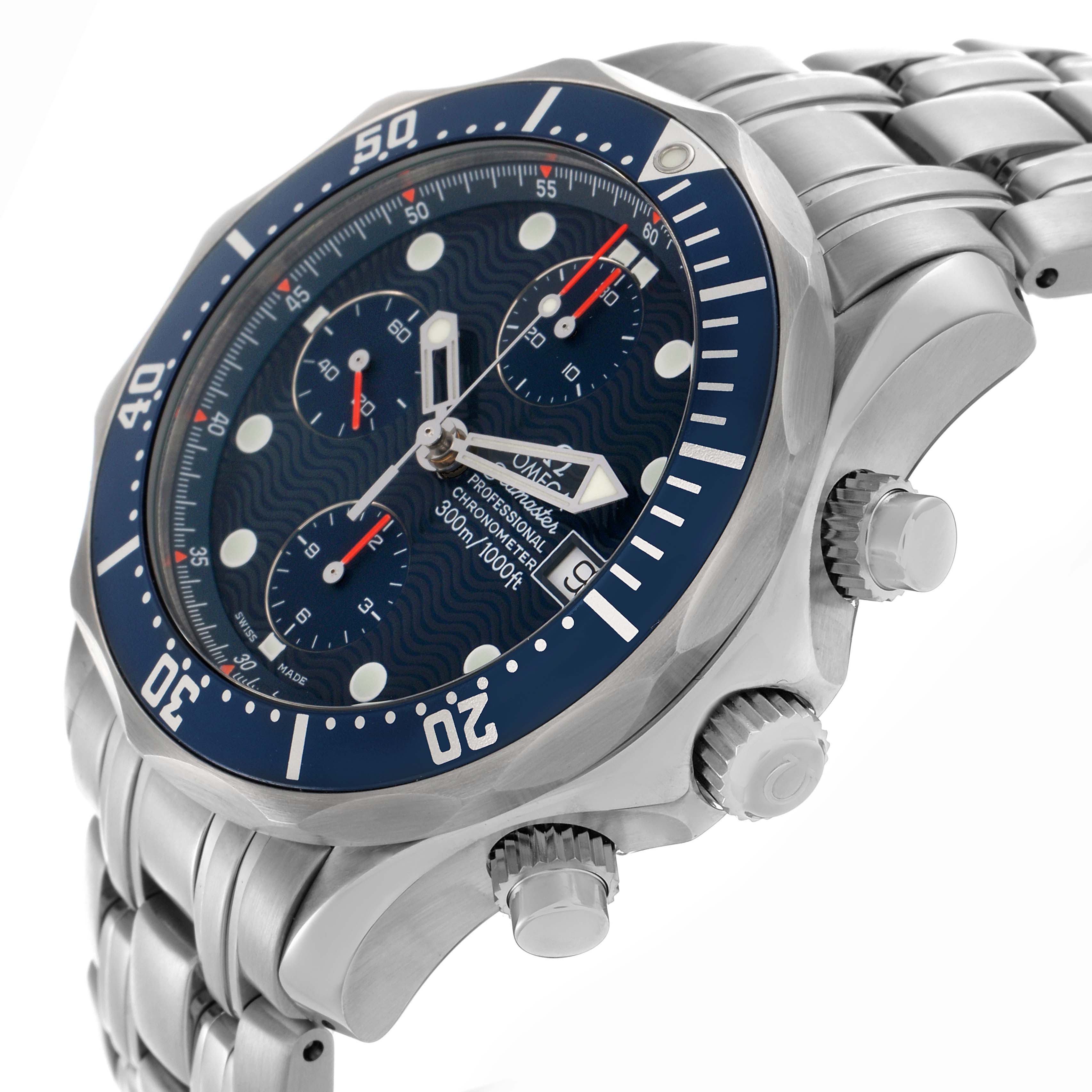The Omega Seamaster 2599.80.00 Men
s Stainless Steel Blue Dial 2599.80.00 Men
s Stainless Steel Blue Dial watch is shown at an angle highlighting its face, bezel, crown, chronograph dials, and bracelet.