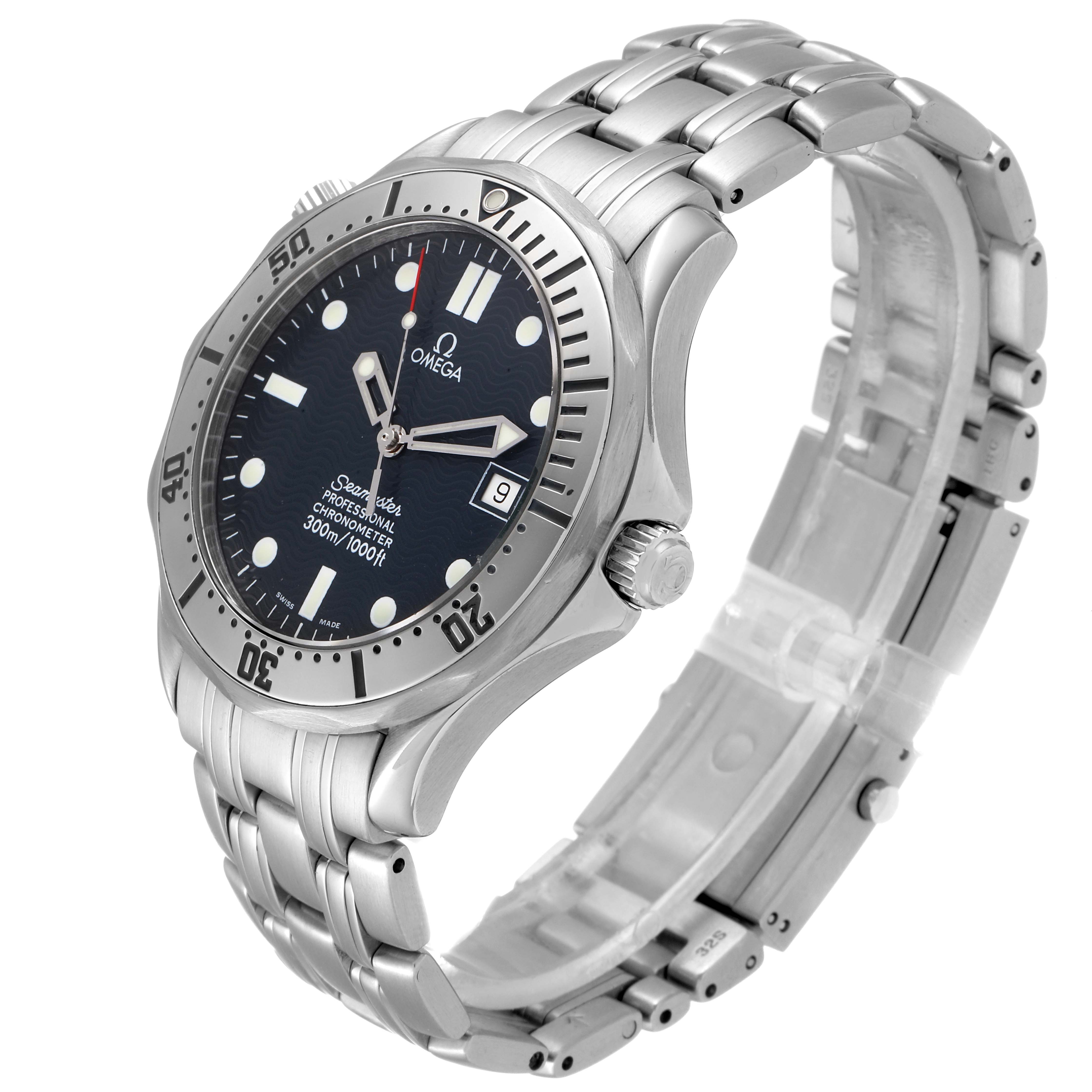 The image shows an Omega Seamaster 2532.80.00 Men
s Stainless Steel Blue Dial 2532.80.00 Men
s Stainless Steel Blue Dial watch at a three-quarter angle, highlighting the dial, bezel, crown, and metal bracelet.