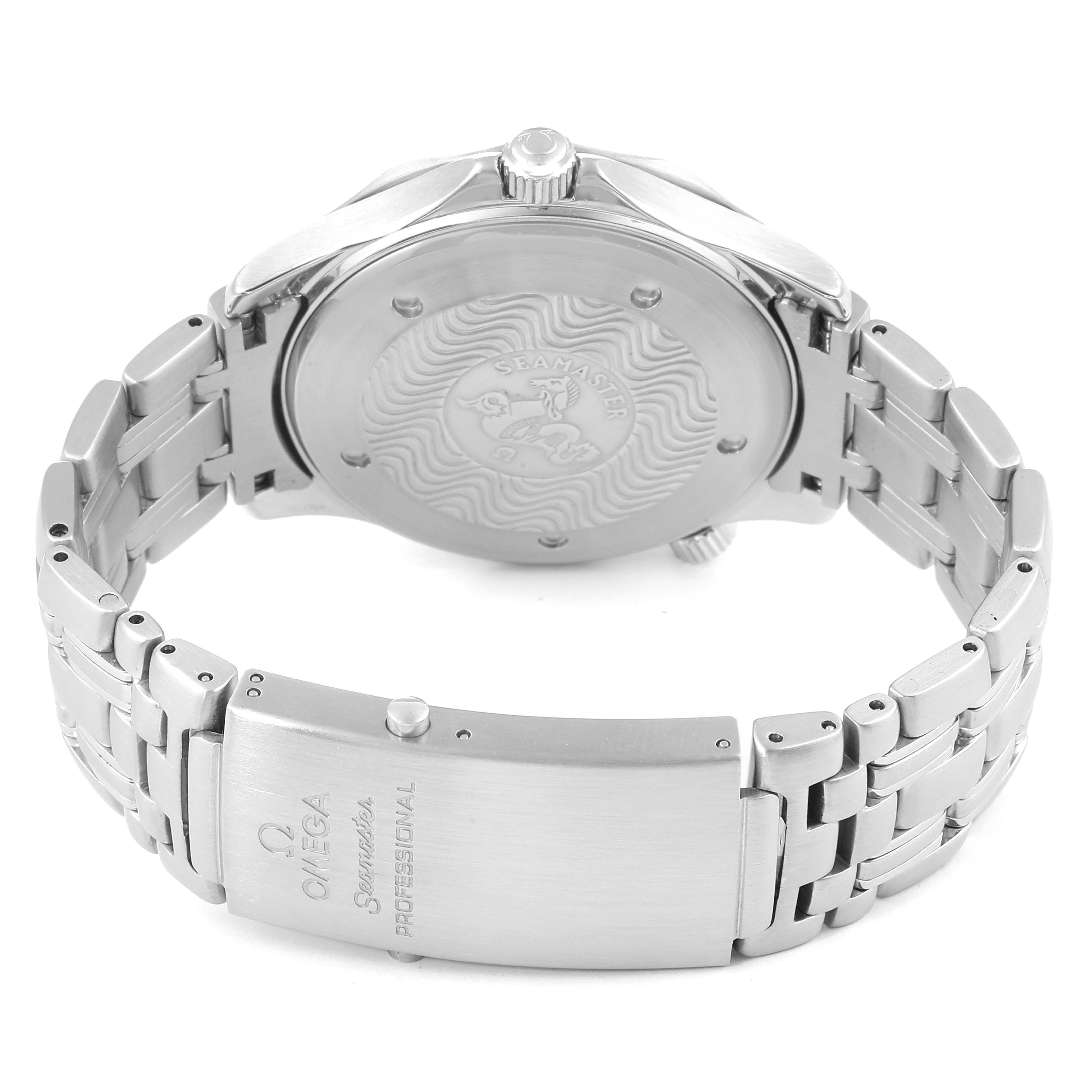 The image shows the back case, crown, and bracelet with the clasp of the Omega Seamaster 2532.80.00 Men
s Stainless Steel Blue Dial 2532.80.00 Men
s Stainless Steel Blue Dial watch.