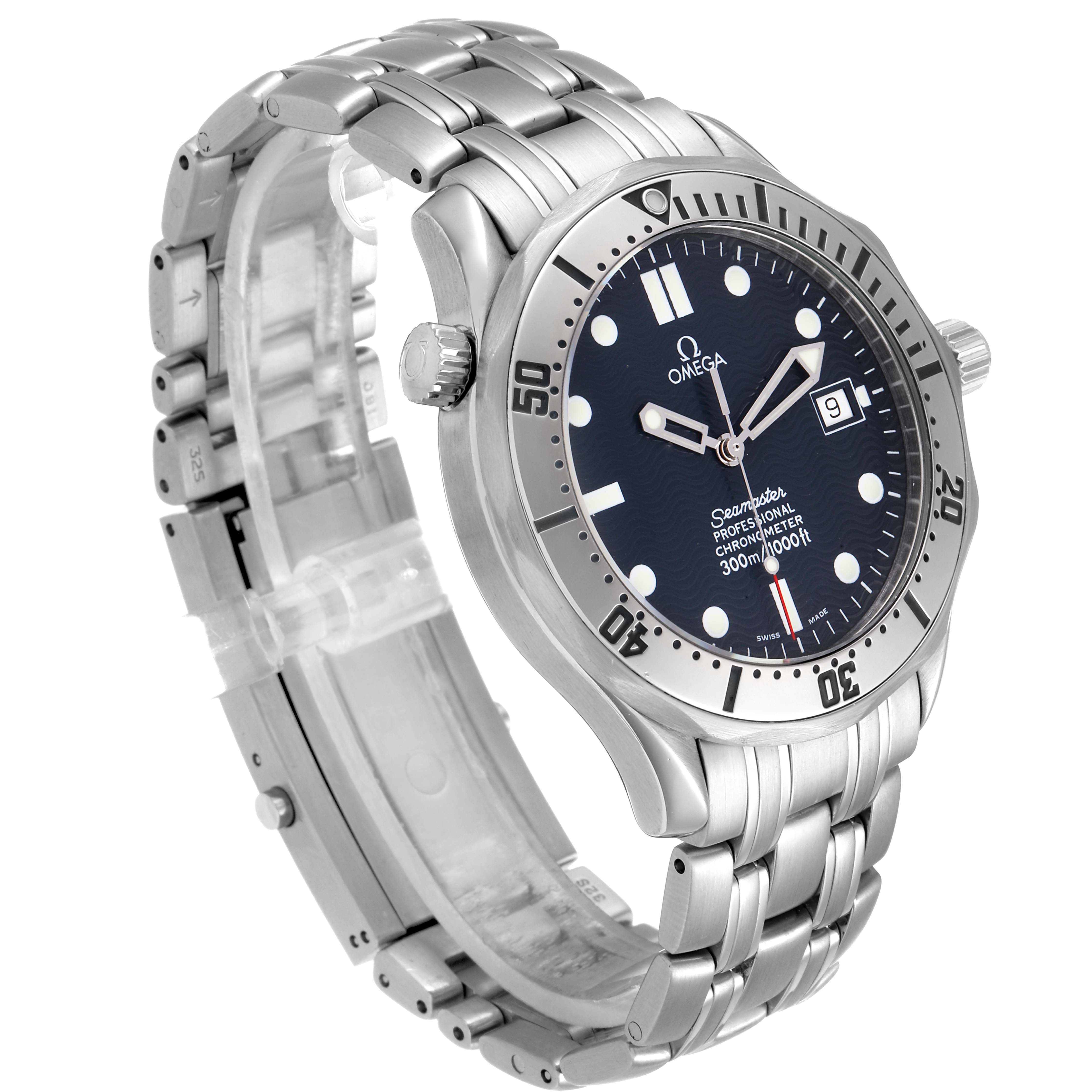 The Omega Seamaster 2532.80.00 Men
s Stainless Steel Blue Dial 2532.80.00 Men
s Stainless Steel Blue Dial watch is shown at a three-quarter angle, highlighting the face, bezel, crown, and bracelet.