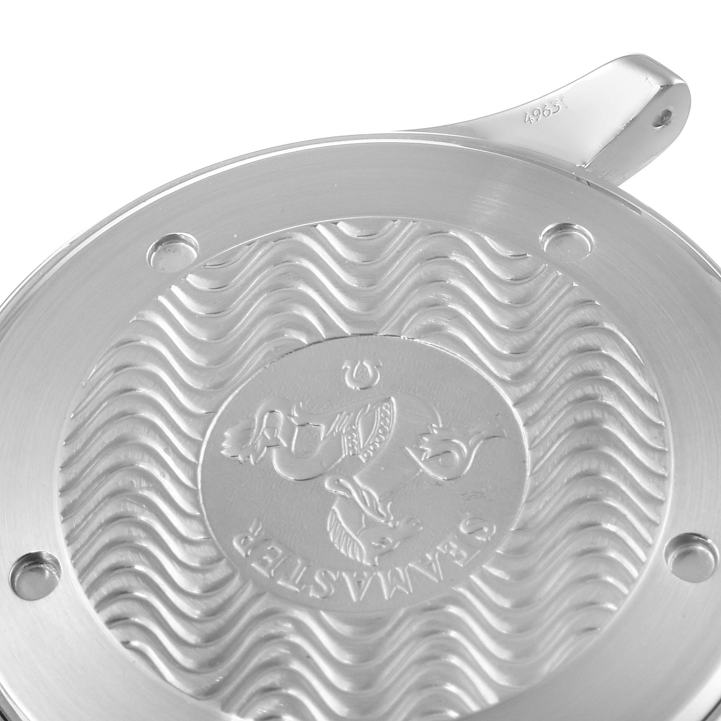 The image shows the back case of an Omega Seamaster 2532.80.00 Men
s Stainless Steel Blue Dial 2532.80.00 Men
s Stainless Steel Blue Dial watch, displaying the wave pattern and logo.