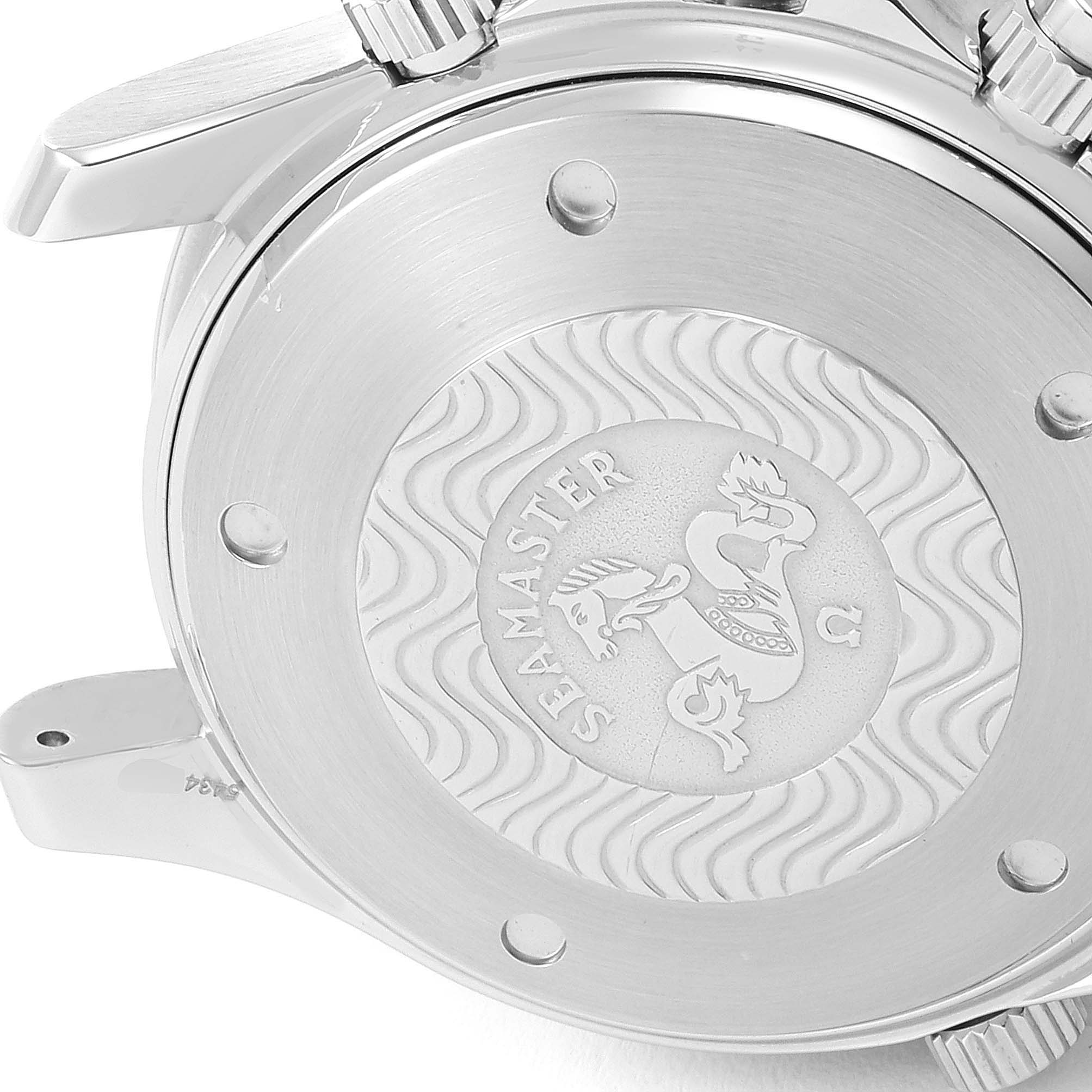 The image shows the back case of an Omega Seamaster 2598.80.00 Men
s Stainless Steel Blue Dial 2598.80.00 Men
s Stainless Steel Blue Dial watch, featuring the engraved logo and wave pattern.