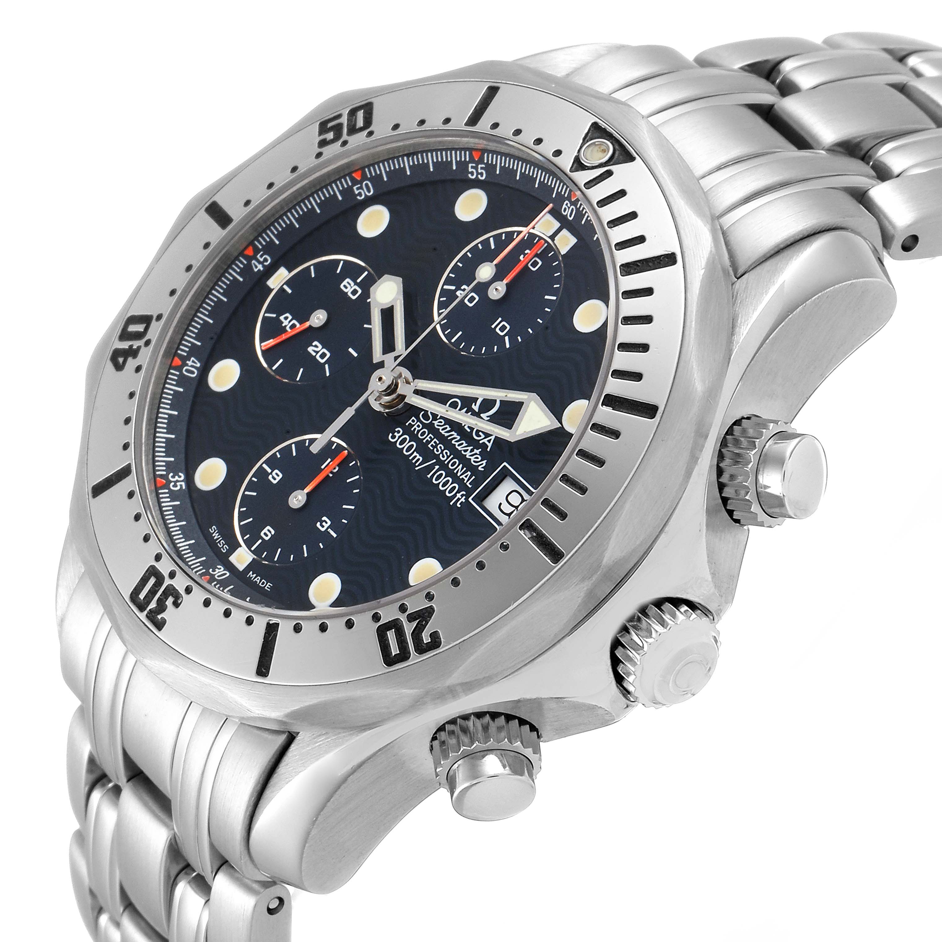 The image shows an angled side view of an Omega Seamaster 2598.80.00 Men
s Stainless Steel Blue Dial 2598.80.00 Men
s Stainless Steel Blue Dial watch, highlighting the dial, bezel, crown, and part of the bracelet.