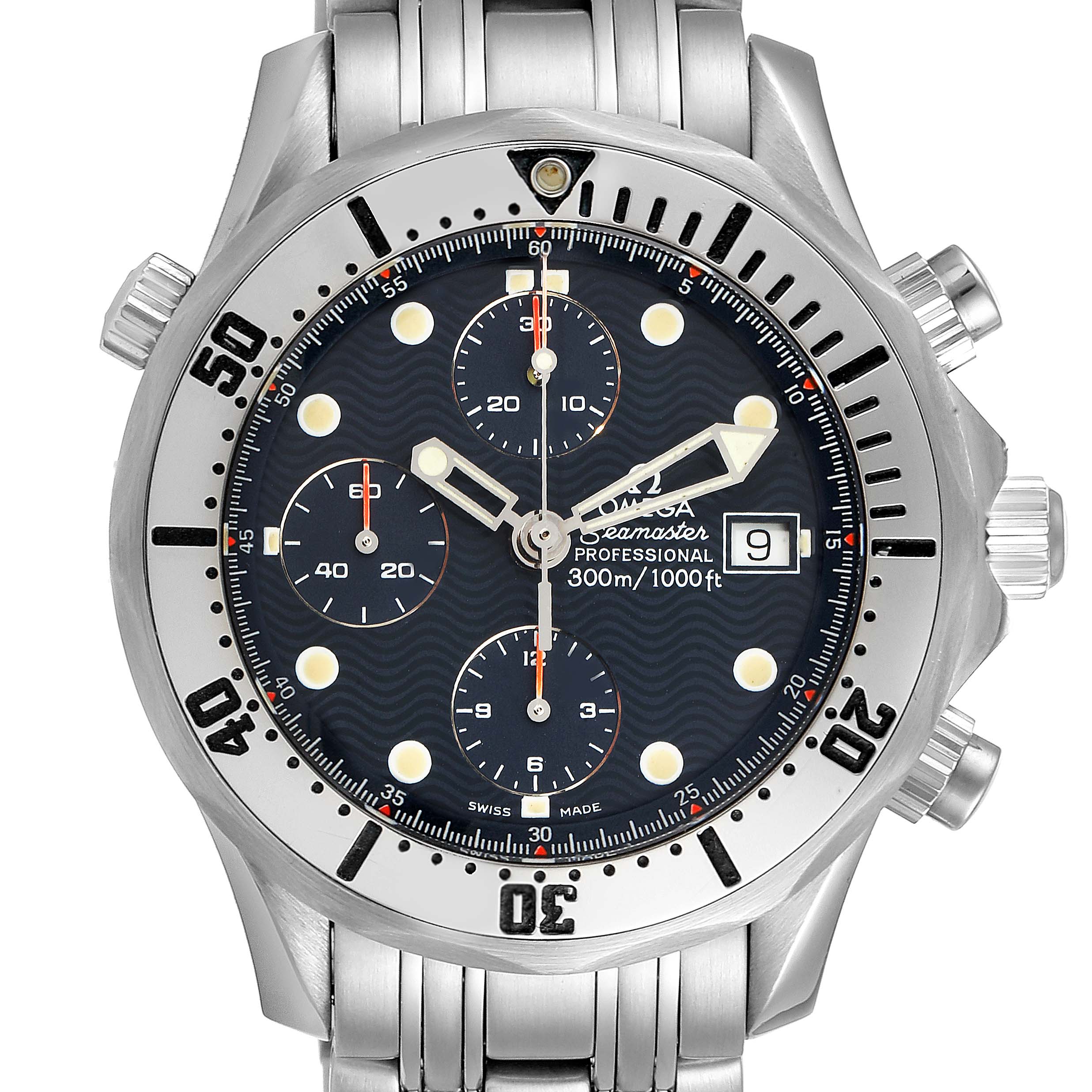 The image shows a front view of an Omega Seamaster 2598.80.00 Men
s Stainless Steel Blue Dial 2598.80.00 Men
s Stainless Steel Blue Dial watch, highlighting the bezel, crown, dial, and chronograph sub-dials.