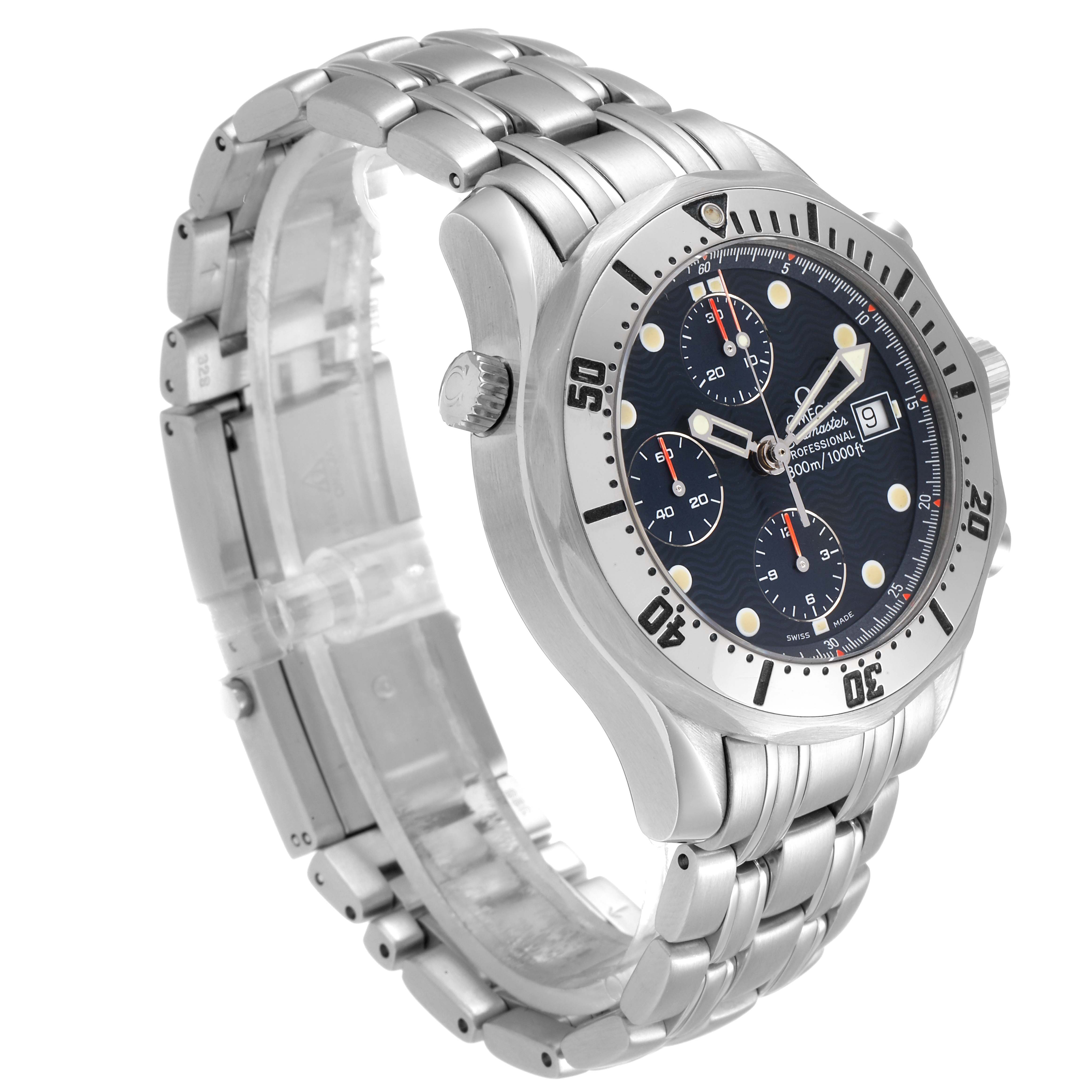 The image shows an angled view of an Omega Seamaster 2598.80.00 Men
s Stainless Steel Blue Dial 2598.80.00 Men
s Stainless Steel Blue Dial watch, highlighting the bezel, dial, crown, bracelet, and clasp.