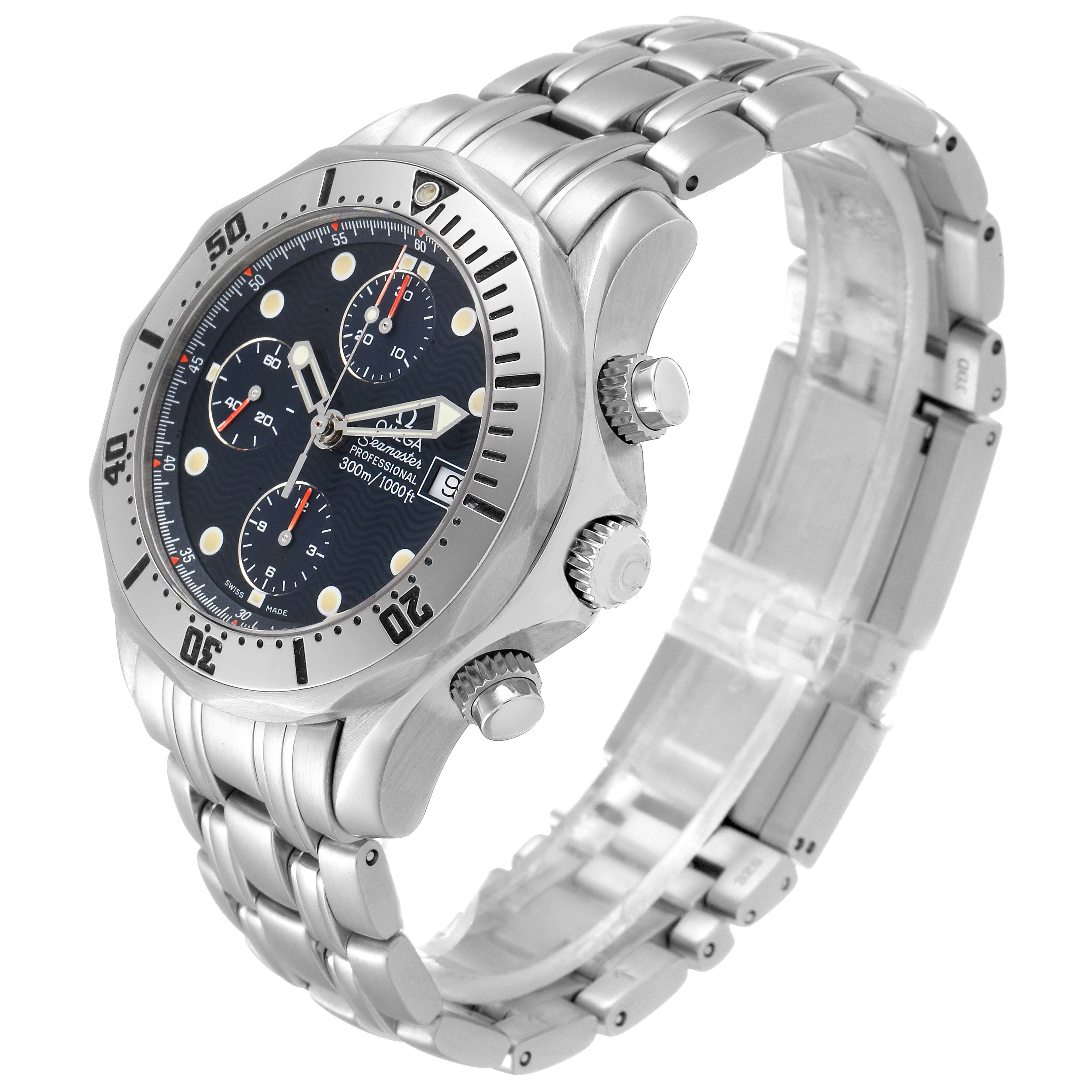 The Omega Seamaster 2598.80.00 Men
s Stainless Steel Blue Dial 2598.80.00 Men
s Stainless Steel Blue Dial watch is shown at an oblique angle highlighting the face, bezel, crown, pushers, and stainless steel bracelet.