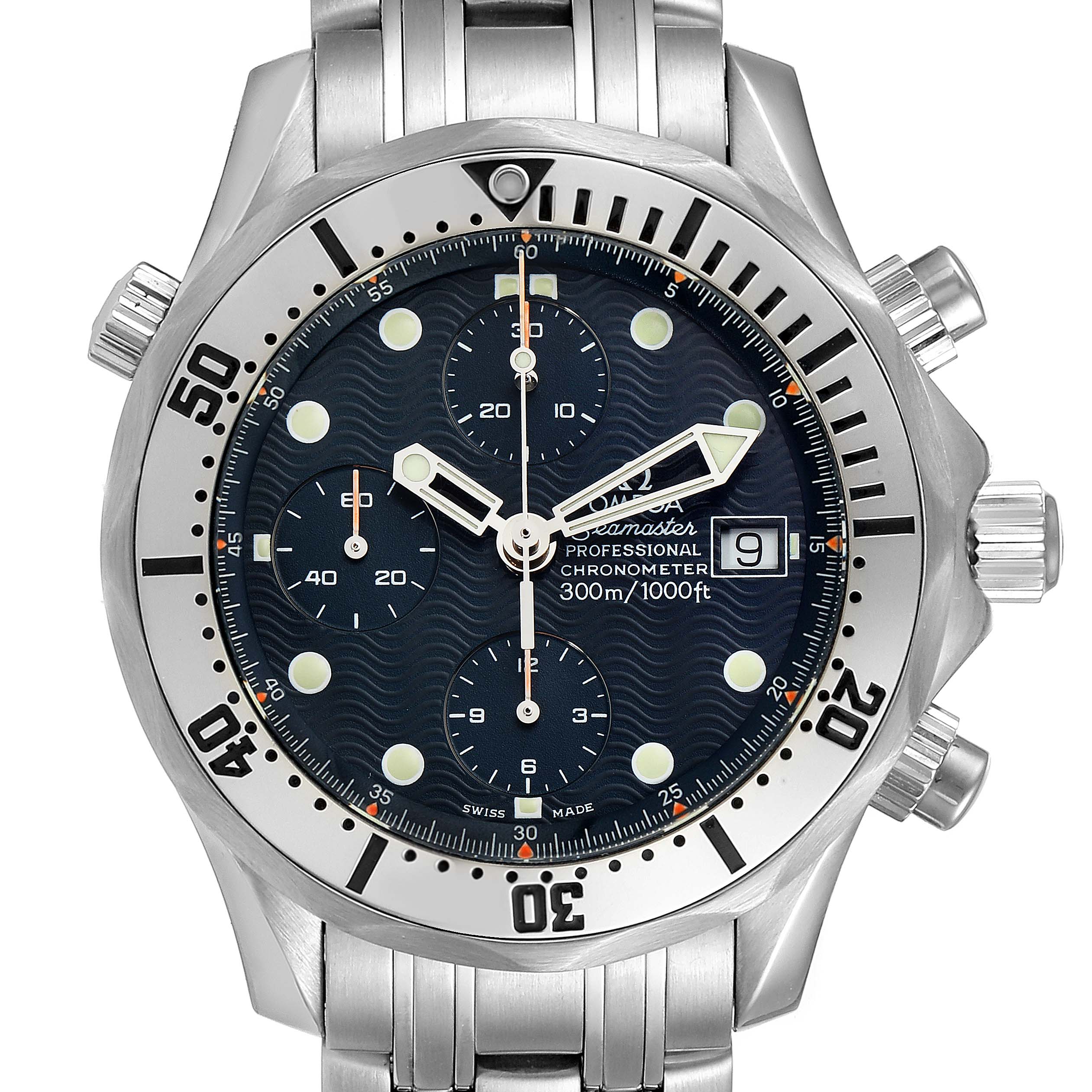 This image shows a frontal view of the Omega Seamaster 2598.80.00 Men
s Stainless Steel Blue Dial 2598.80.00 Men
s Stainless Steel Blue Dial Professional Chronometer, displaying the dial, bezel, and bracelet.