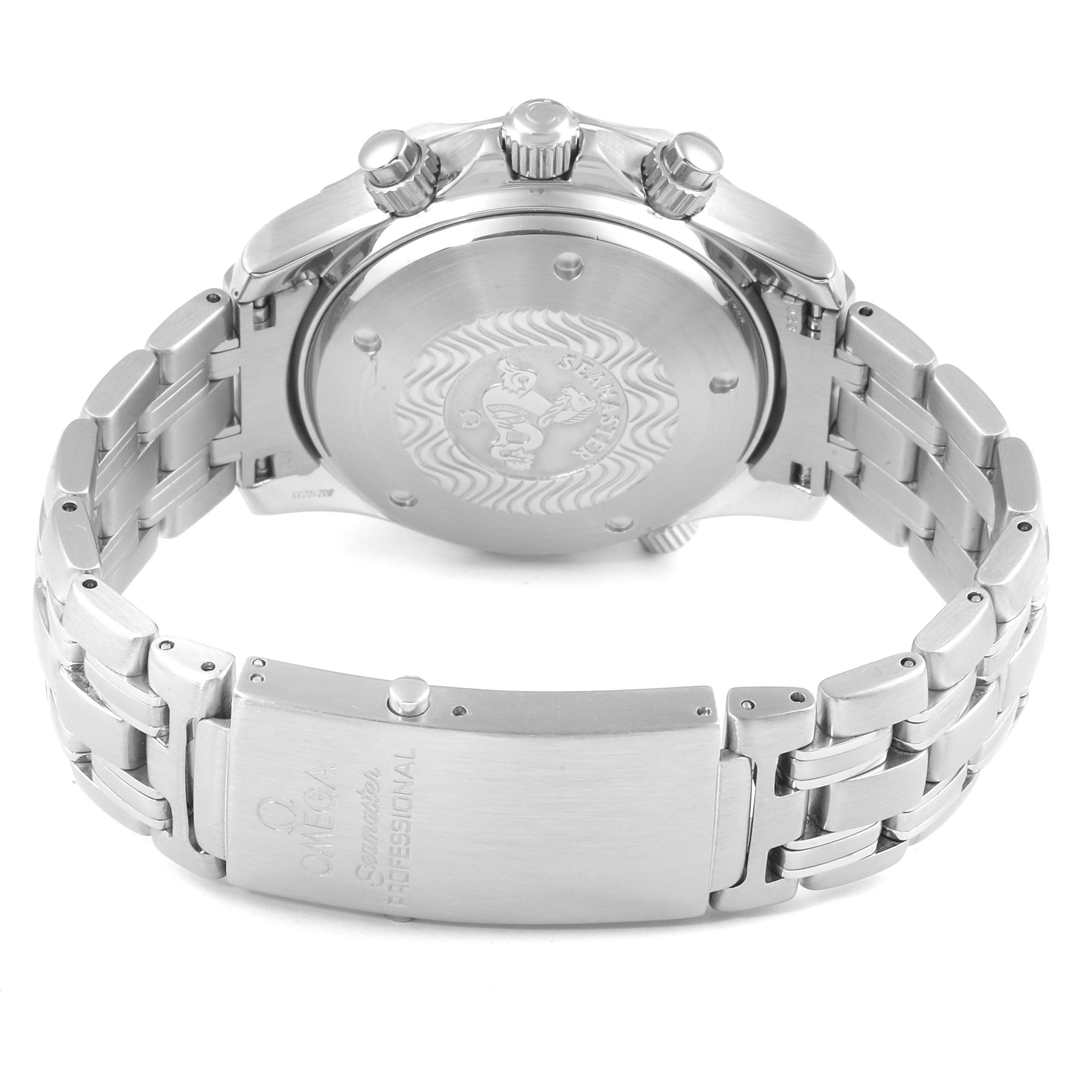 The image shows the backside and clasp of an Omega Seamaster 2598.80.00 Men
s Stainless Steel Blue Dial 2598.80.00 Men
s Stainless Steel Blue Dial watch, highlighting the metal band and case back engravings.