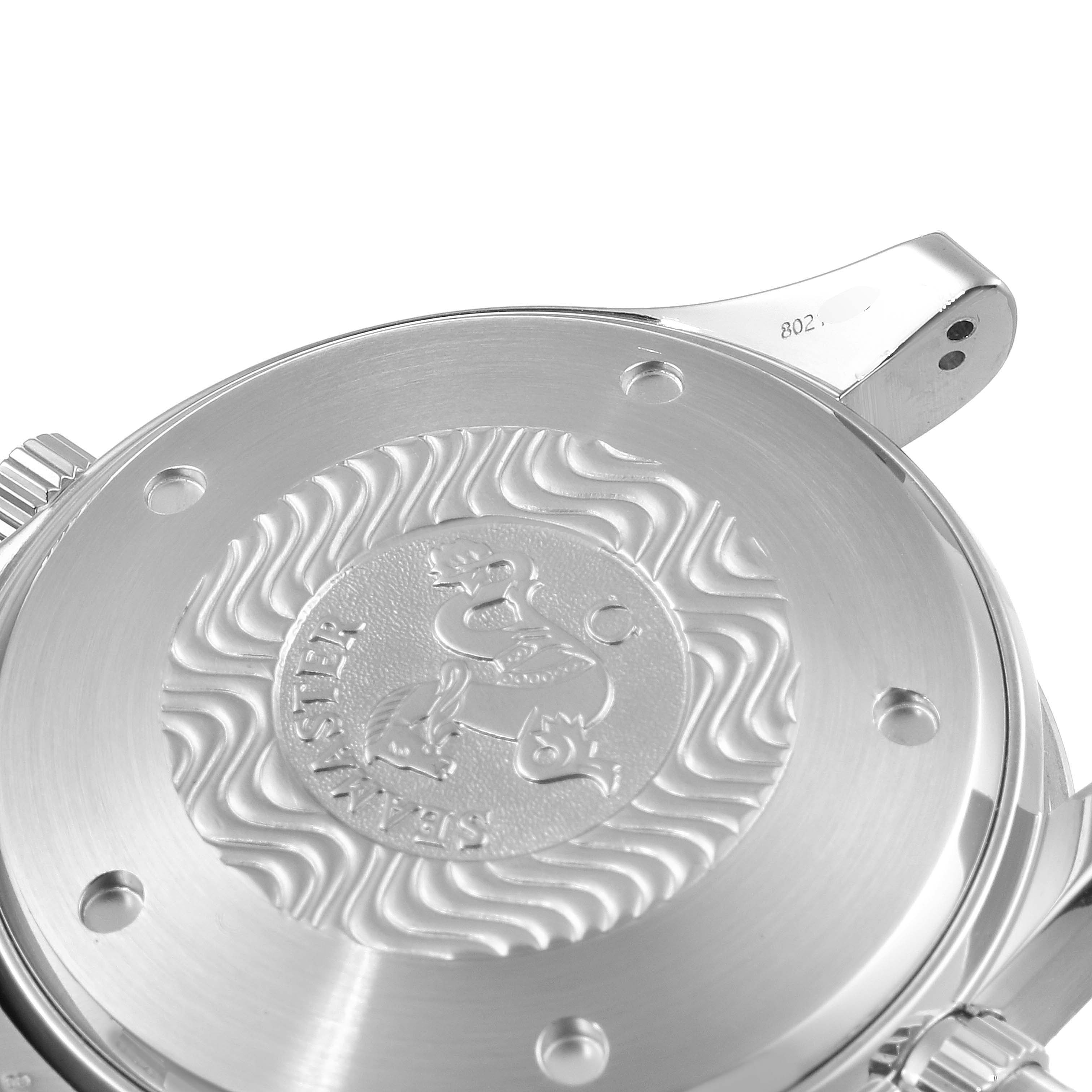 This image shows a close-up of the case back and part of the lugs of an Omega Seamaster 2598.80.00 Men
s Stainless Steel Blue Dial 2598.80.00 Men
s Stainless Steel Blue Dial watch, displaying the Seamaster engraving.