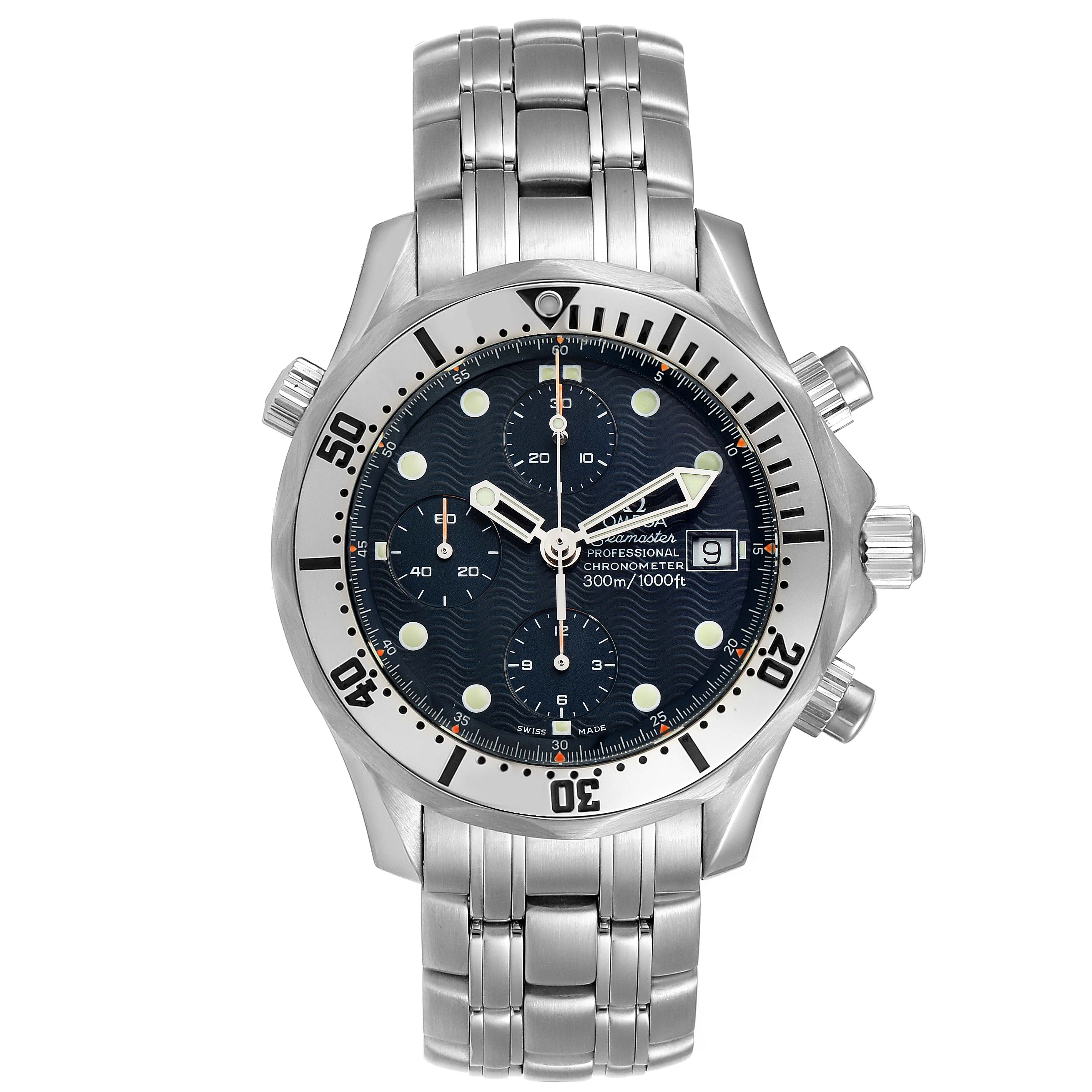 The image shows a front view of an Omega Seamaster 2598.80.00 Men
s Stainless Steel Blue Dial 2598.80.00 Men
s Stainless Steel Blue Dial professional chronometer watch, highlighting the dial, bezel, and metal bracelet.