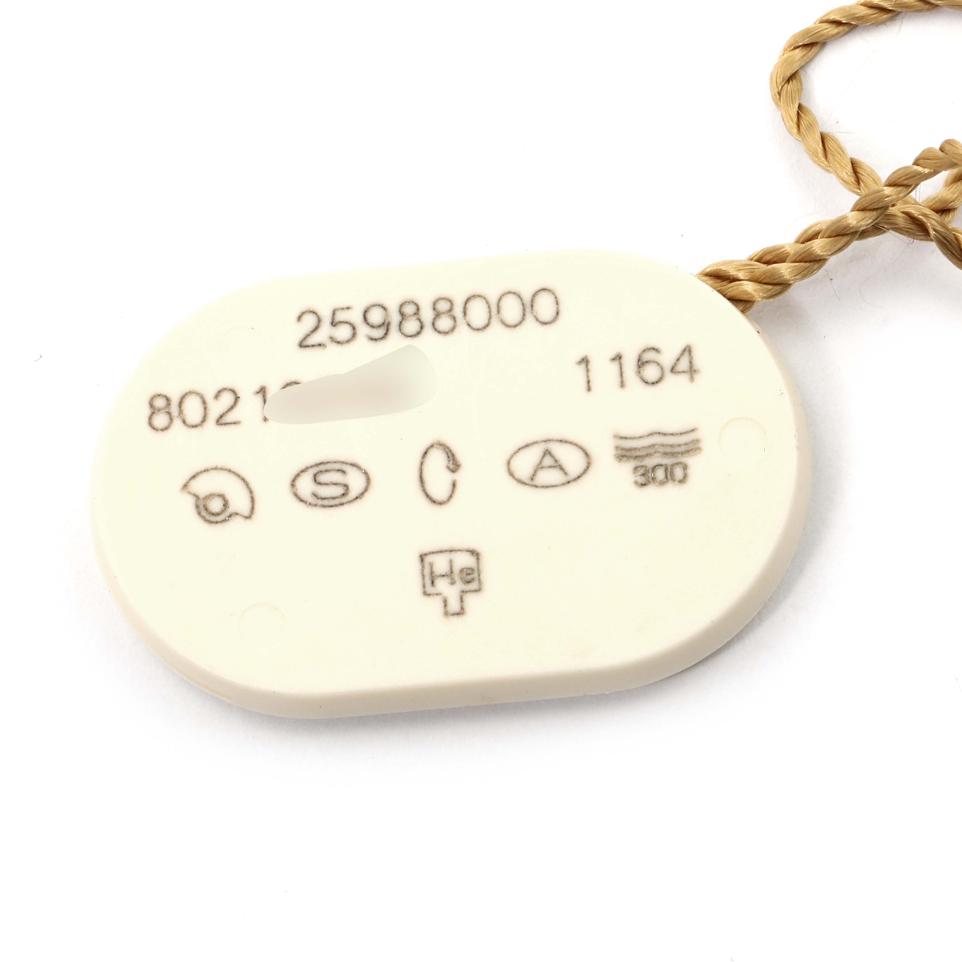 This image shows an Omega Seamaster 2598.80.00 Men
s Stainless Steel Blue Dial 2598.80.00 Men
s Stainless Steel Blue Dial model
s product tag featuring identification numbers and symbols.